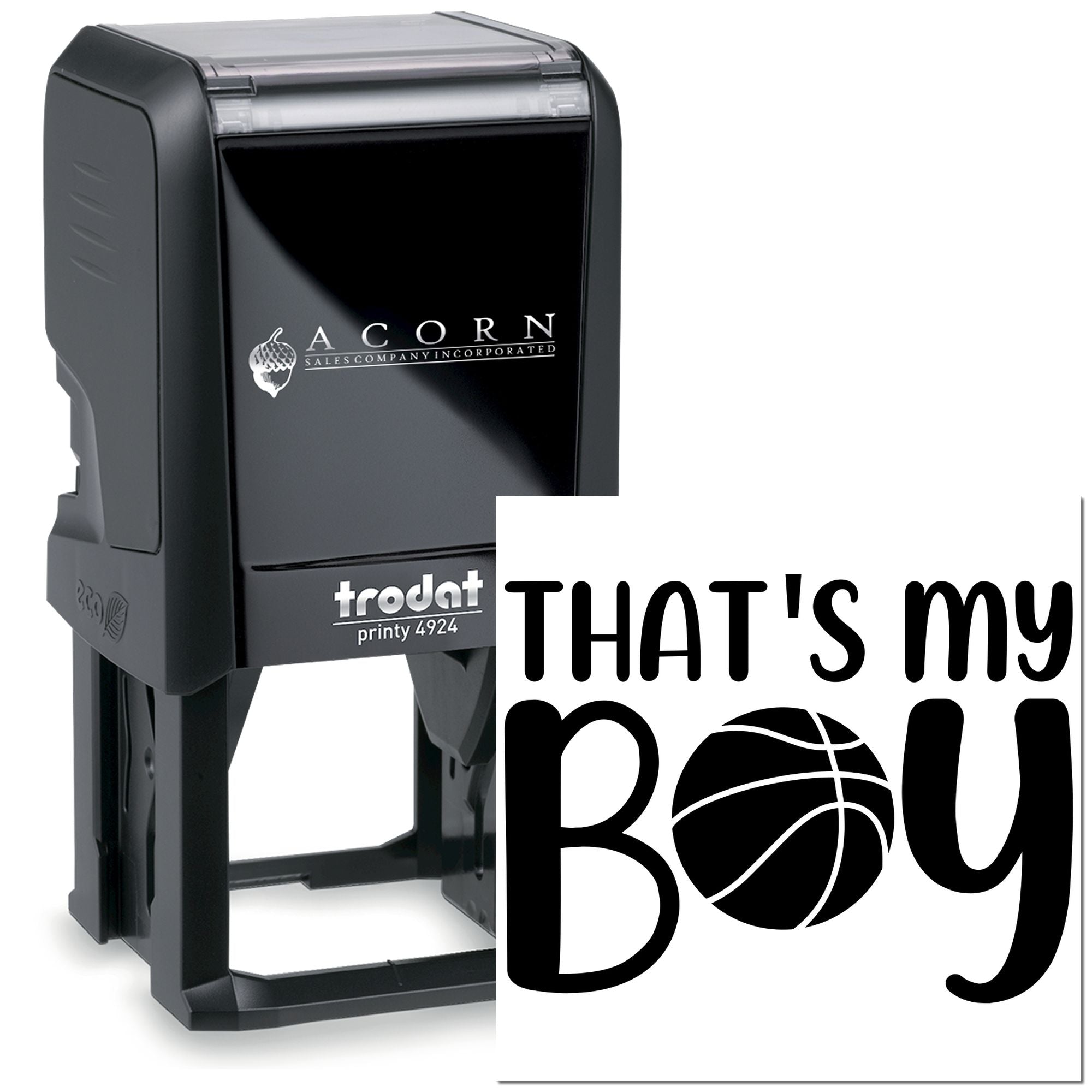 Custom self-inking rubber stamp with Thats My Boy basketball design for personalized baby shower favors and cards.