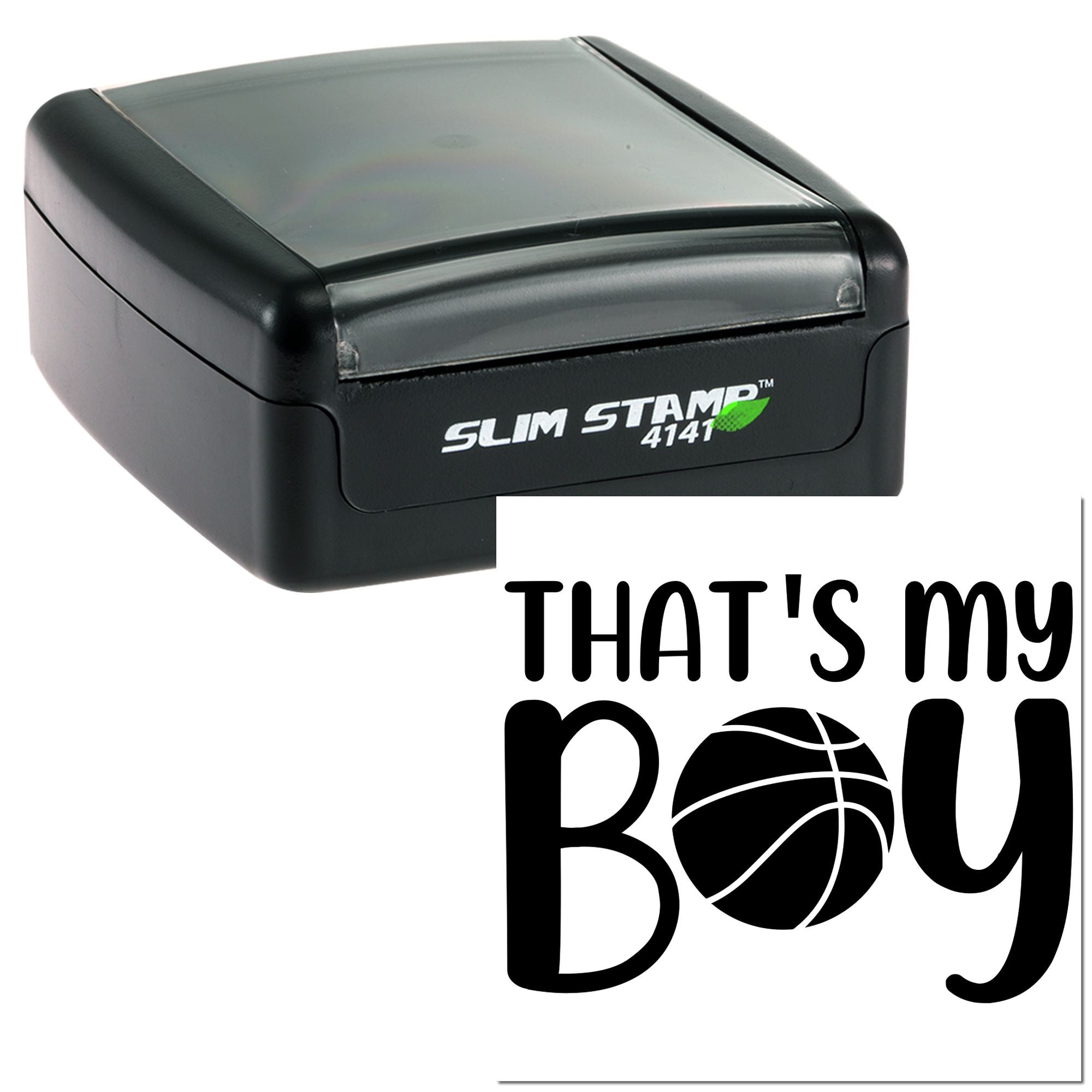 Self-inking rubber stamp with Thats My Boy basketball design for custom cards, scrapbooking, and boy-themed crafting.