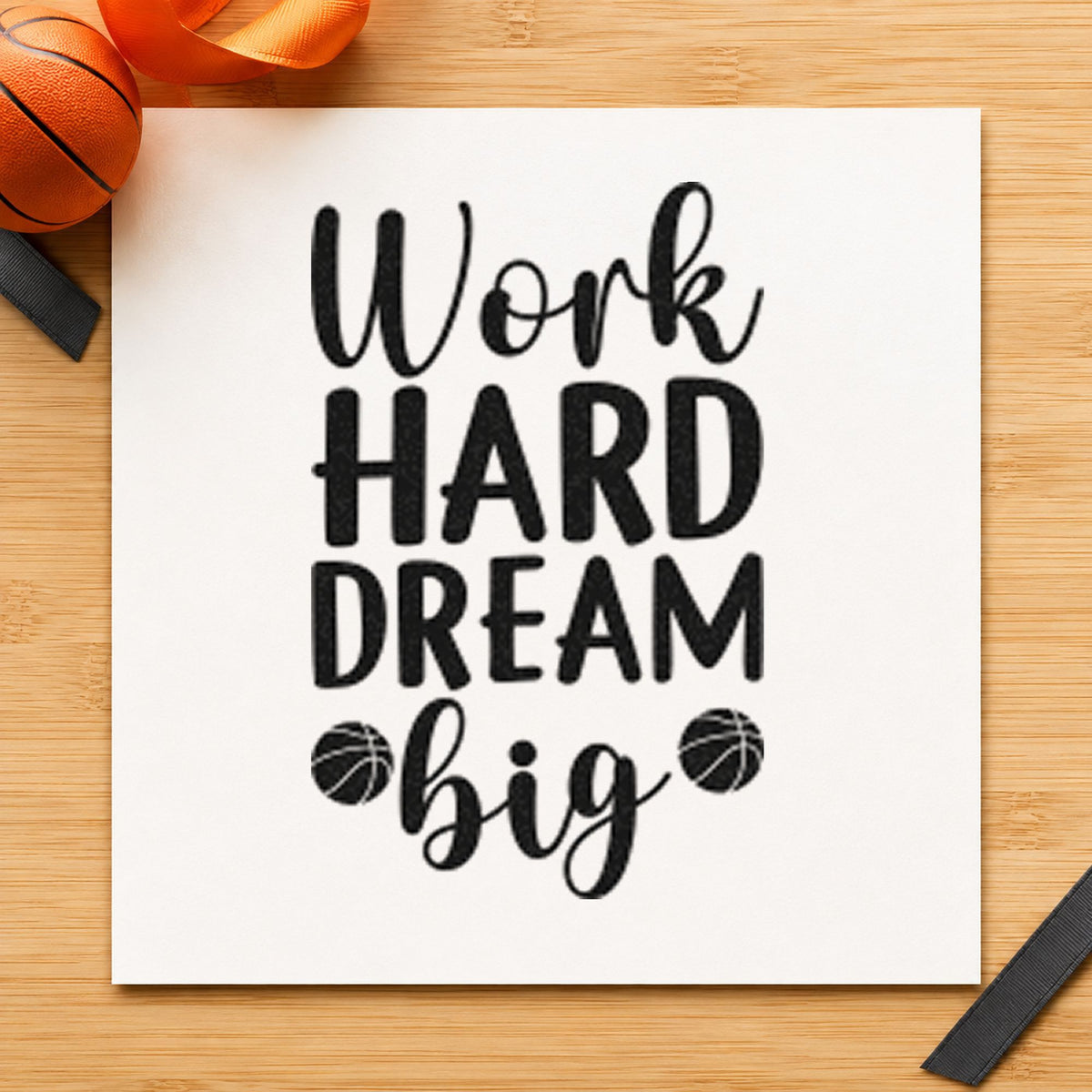 Work Hard Dream Big craft stamp imprint in black ink on a handmade project, one idea being highlight gift tags.
