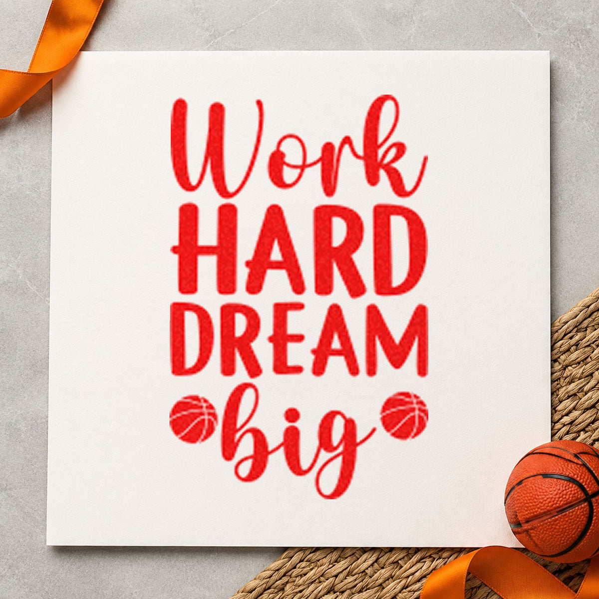 Work Hard Dream Big rubber stamp shown in red ink, stamped for projects such as drawer school labels.