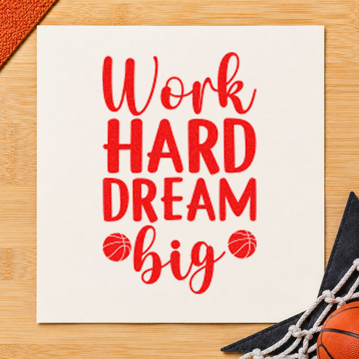Work Hard Dream Big craft stamp imprint in red ink on a handmade project, one idea being coach note cards.