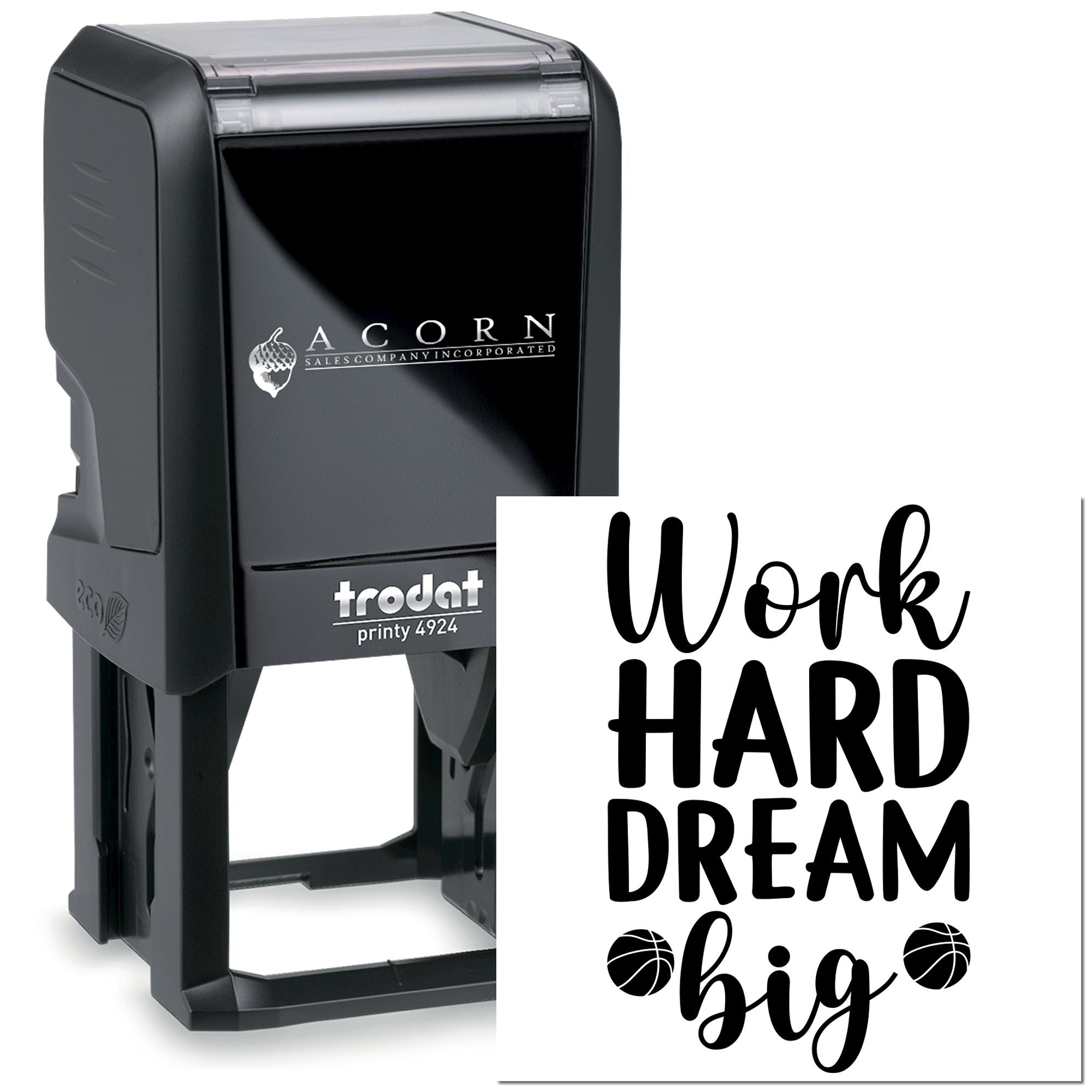 Black Trodat self-inking rubber stamp with Work Hard Dream Big basketball design for custom sports or school stamping.