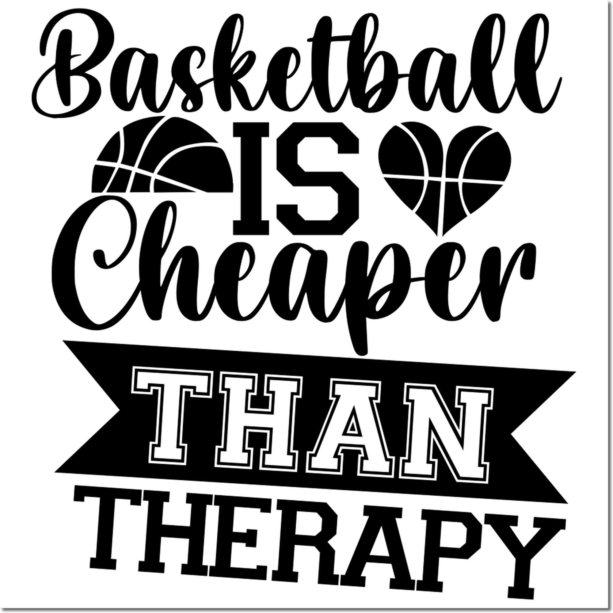 Basketball is Cheaper Than Therapy rubber stamp design with basketball icons, perfect for sports lovers and gift crafts