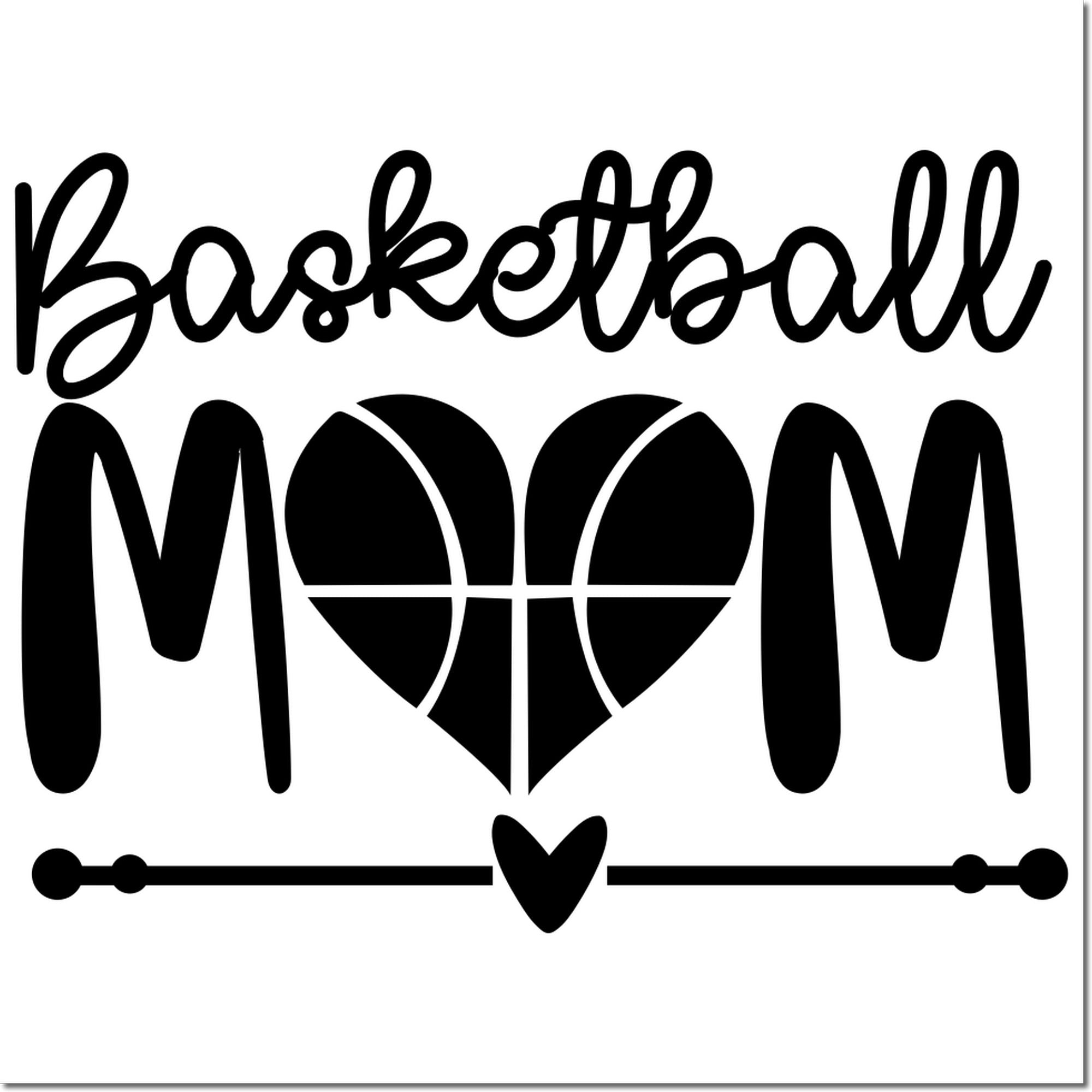 Basketball Mom rubber stamp design with basketball heart graphic, perfect for sports-themed crafting, gifts, and scrapbooking.