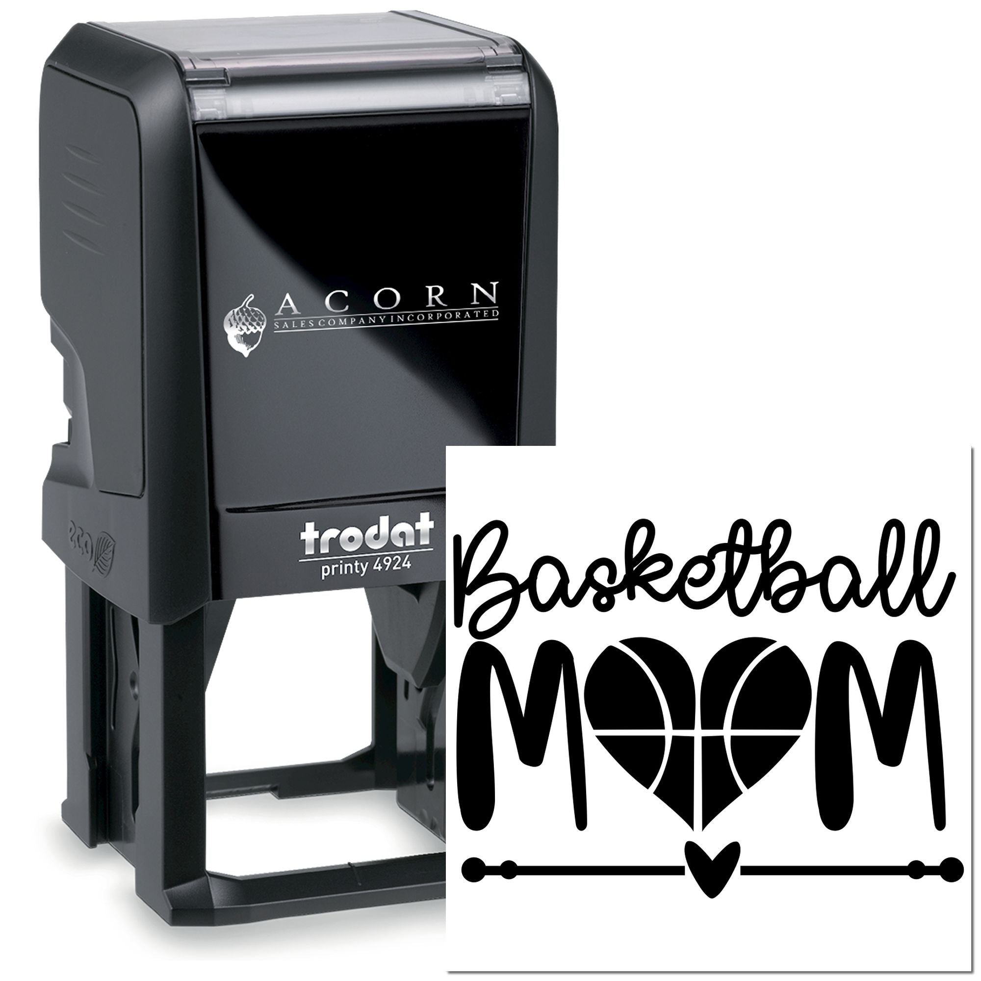 Custom basketball mom self-inking rubber stamp, Trodat Printy 4924, ideal for personalized sports-themed branding.
