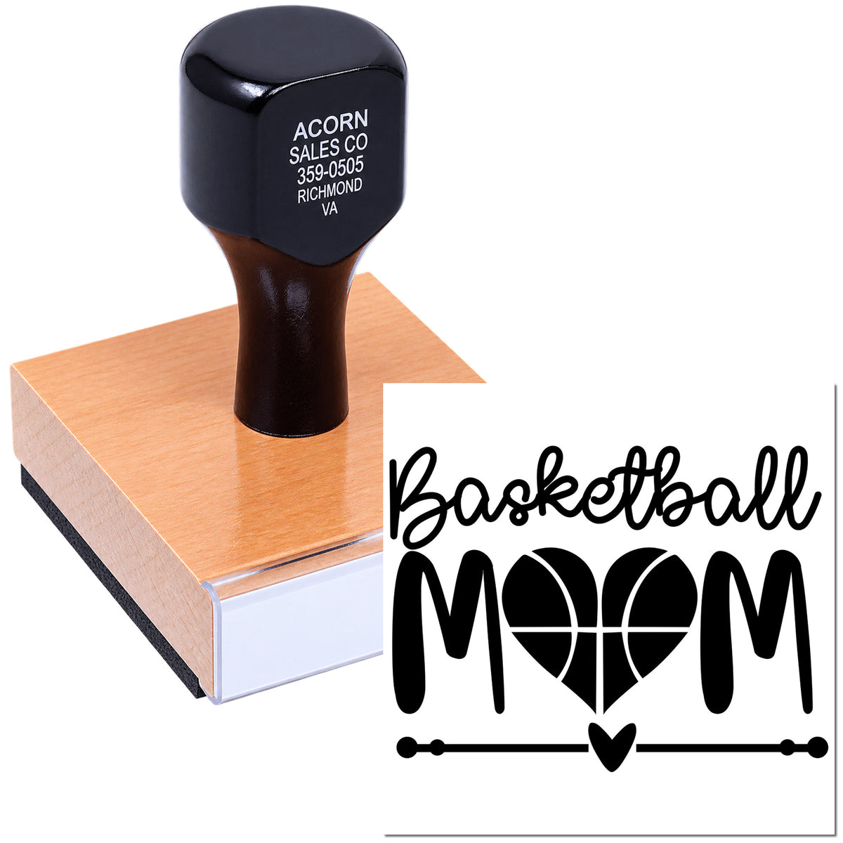 Custom Basketball Mom rubber stamp with self-inking mount for personalized crafts, gifts, and team spirit projects.