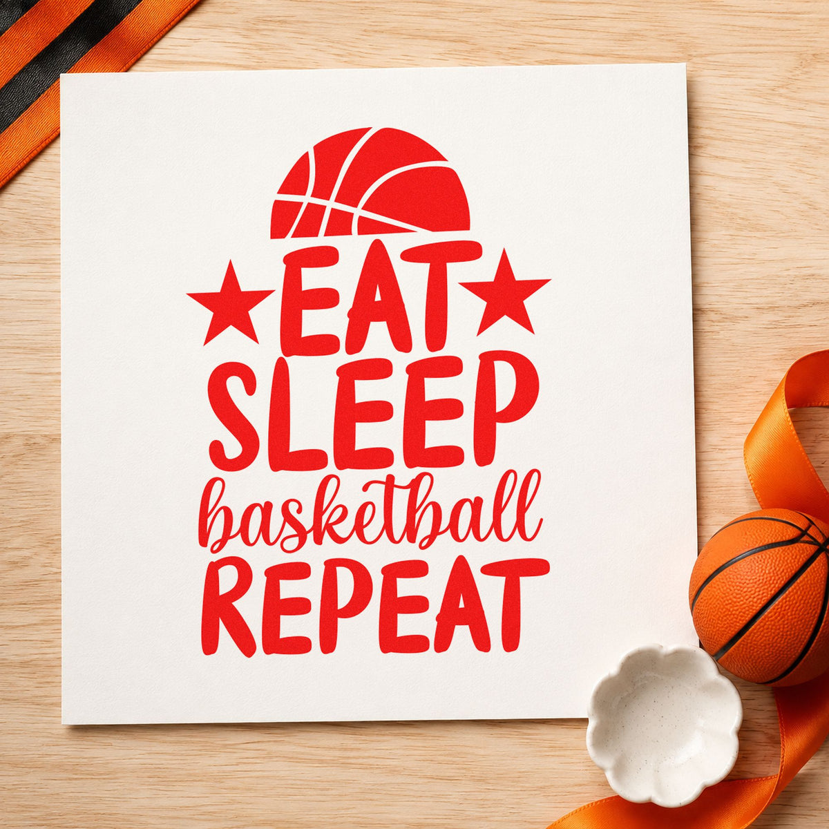 Eat Sleep Basketball Repeat rubber stamp shown in red ink, stamped for projects such as bin summer labels.