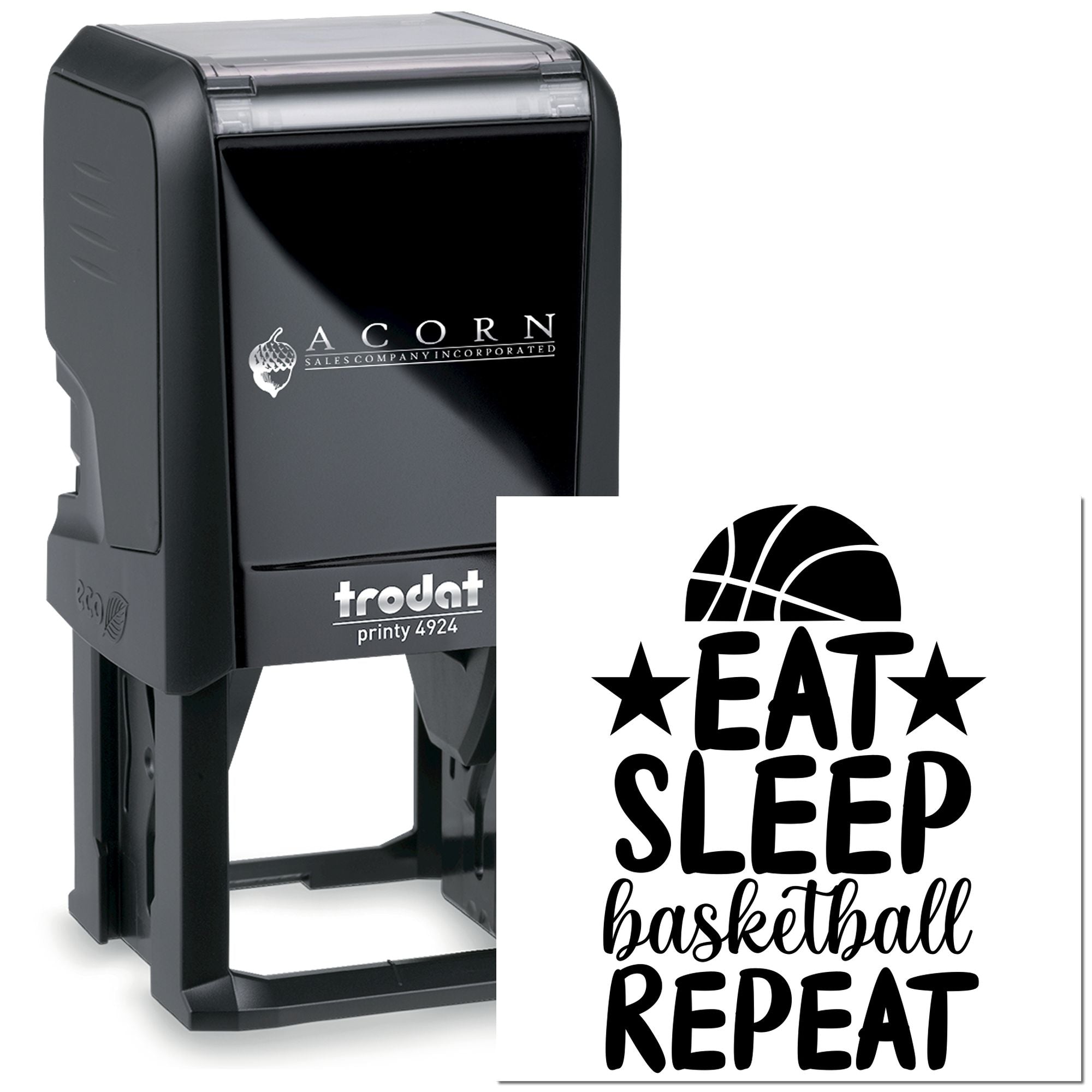 Trodat Printy 4924 self-inking rubber stamp with custom basketball Eat Sleep Repeat logo for sports teams and fans
