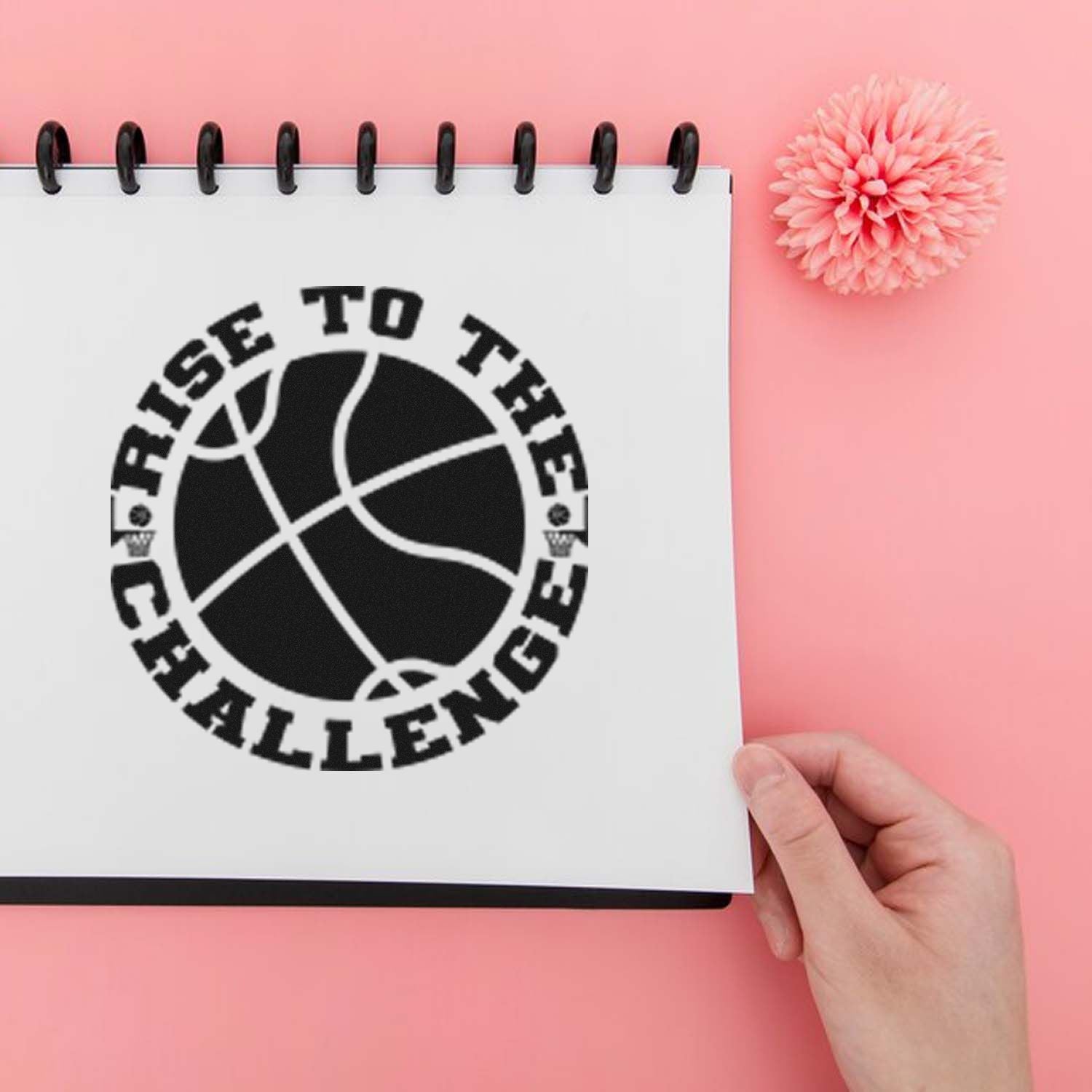 Basketball-themed rubber stamp impression reading Rise to the Challenge, ideal for motivational sports crafts and journaling