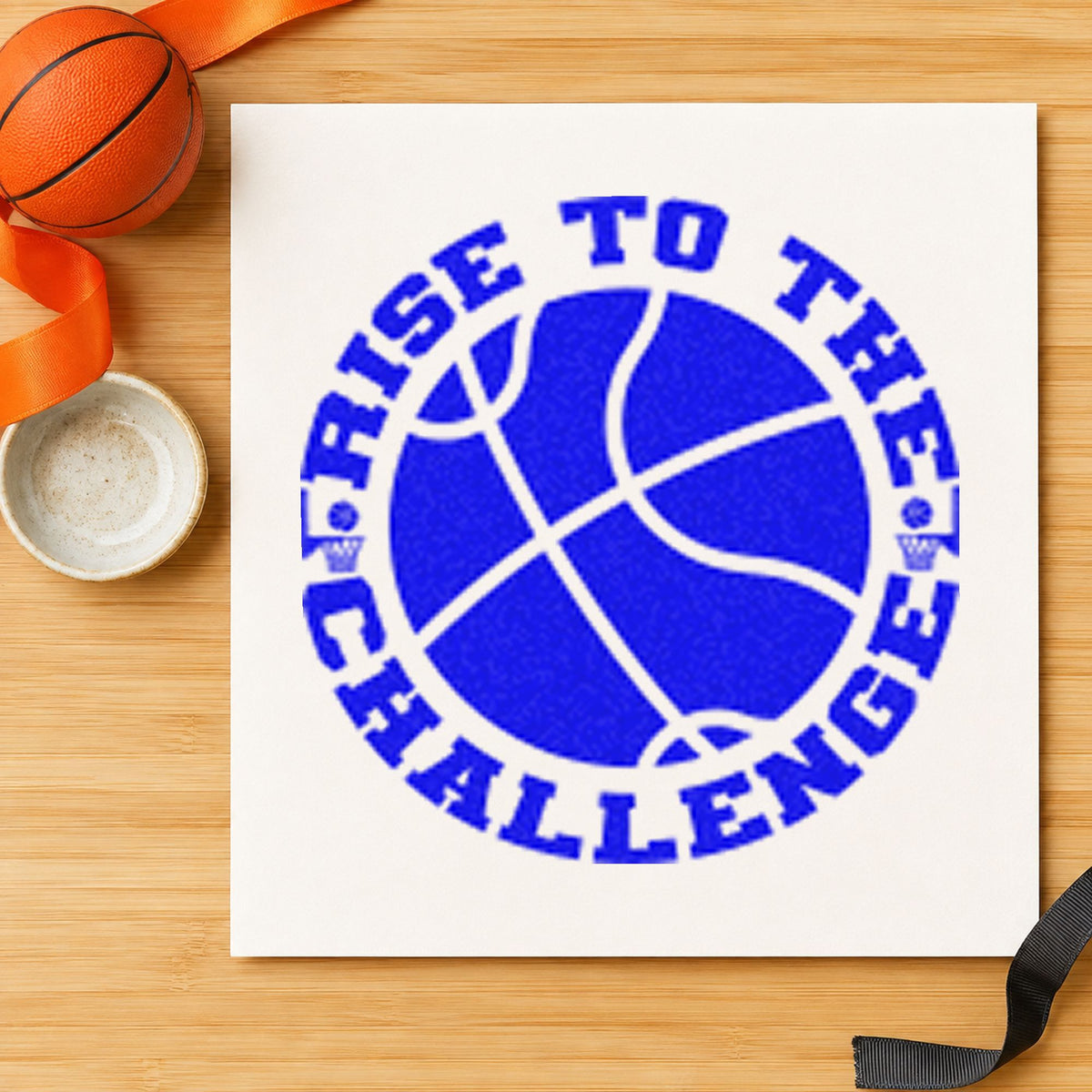 Rise To The Challenge craft stamp in blue ink on cardstock, an easy option for cone bag printing.