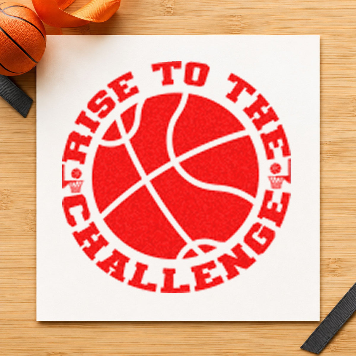 Rise To The Challenge rubber stamp shown in red ink, stamped for projects such as bin timer labels.