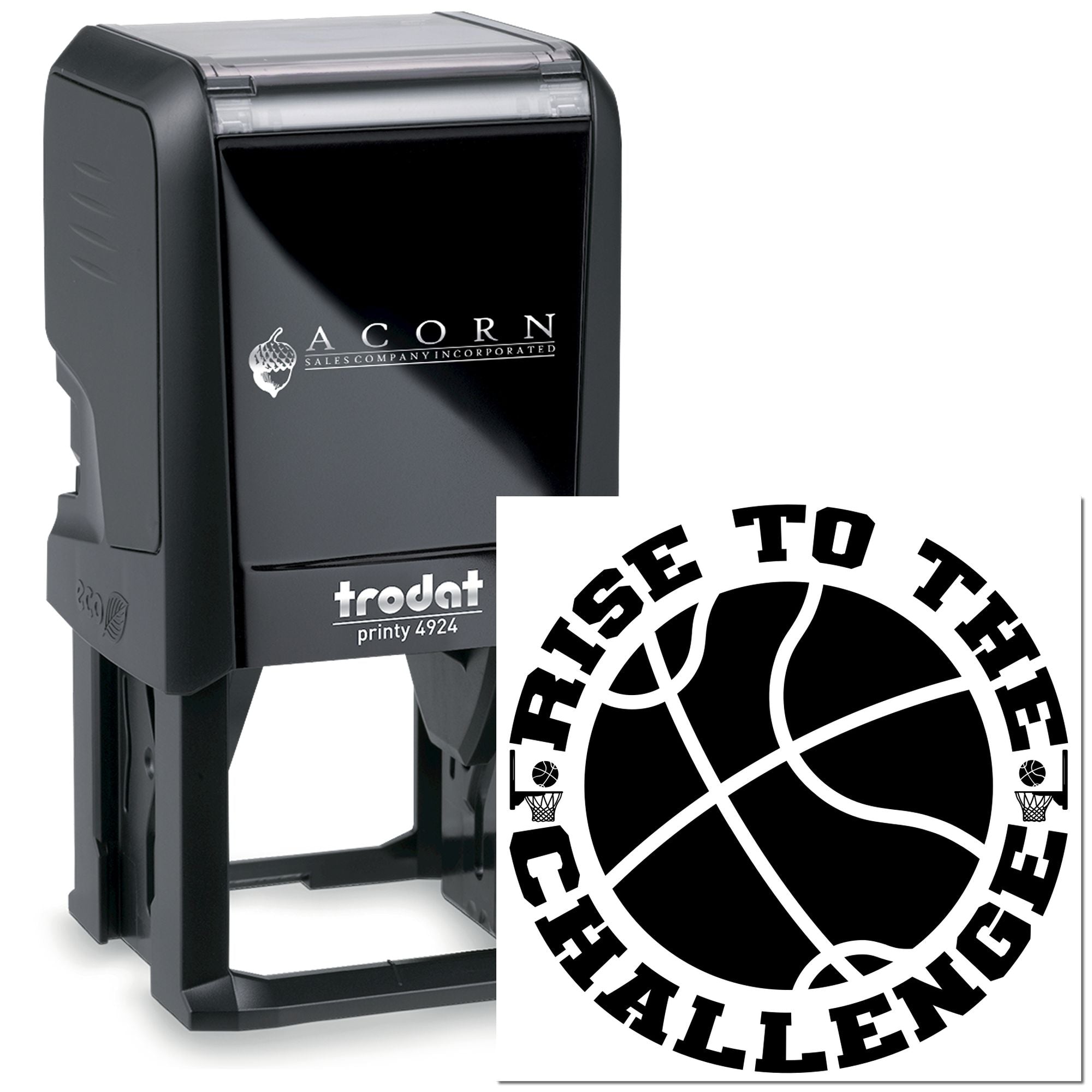 Custom self-inking rubber stamp with basketball Rise to the Challenge logo, ideal for team branding and promotions.