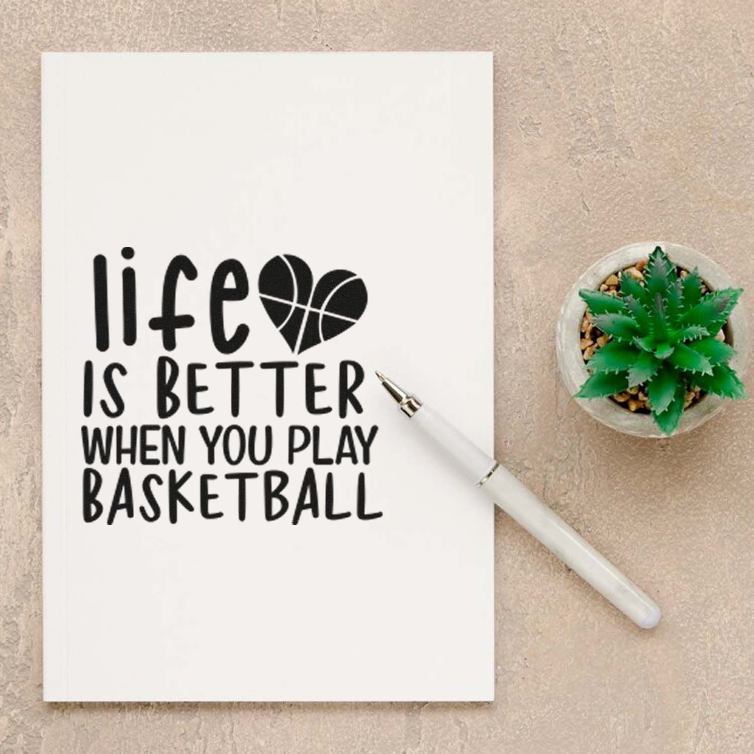 Basketball rubber stamp design reading Life is better when you play basketball with heart basketball graphic.