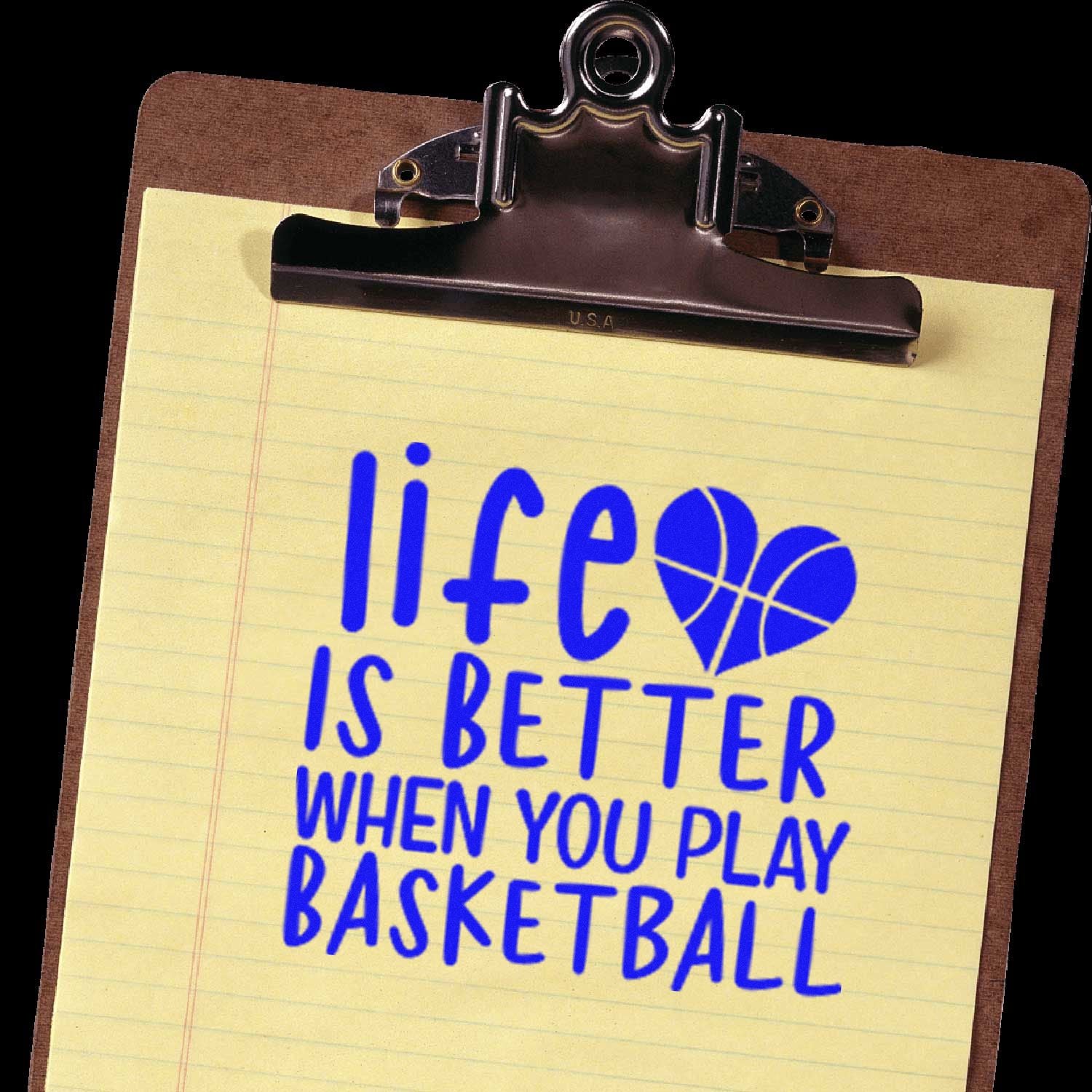 Basketball rubber stamp imprint reading Life Is Better When You Play Basketball with heart-shaped ball graphic on paper.