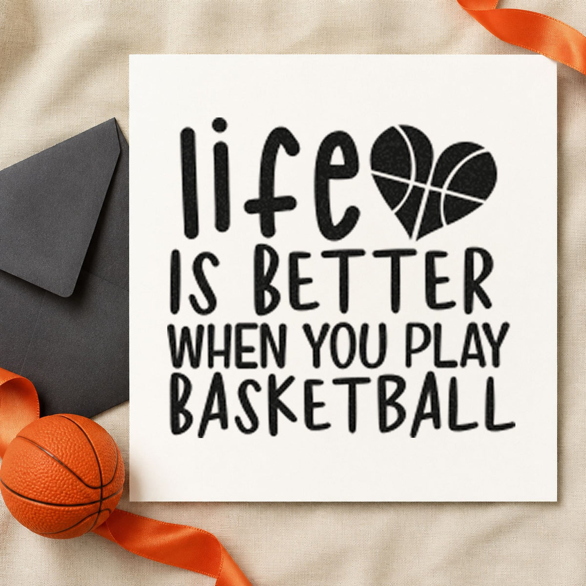 Life Better Playing Basketball rubber stamp printed in black ink, ready for pattern heart cards and similar paper crafts.