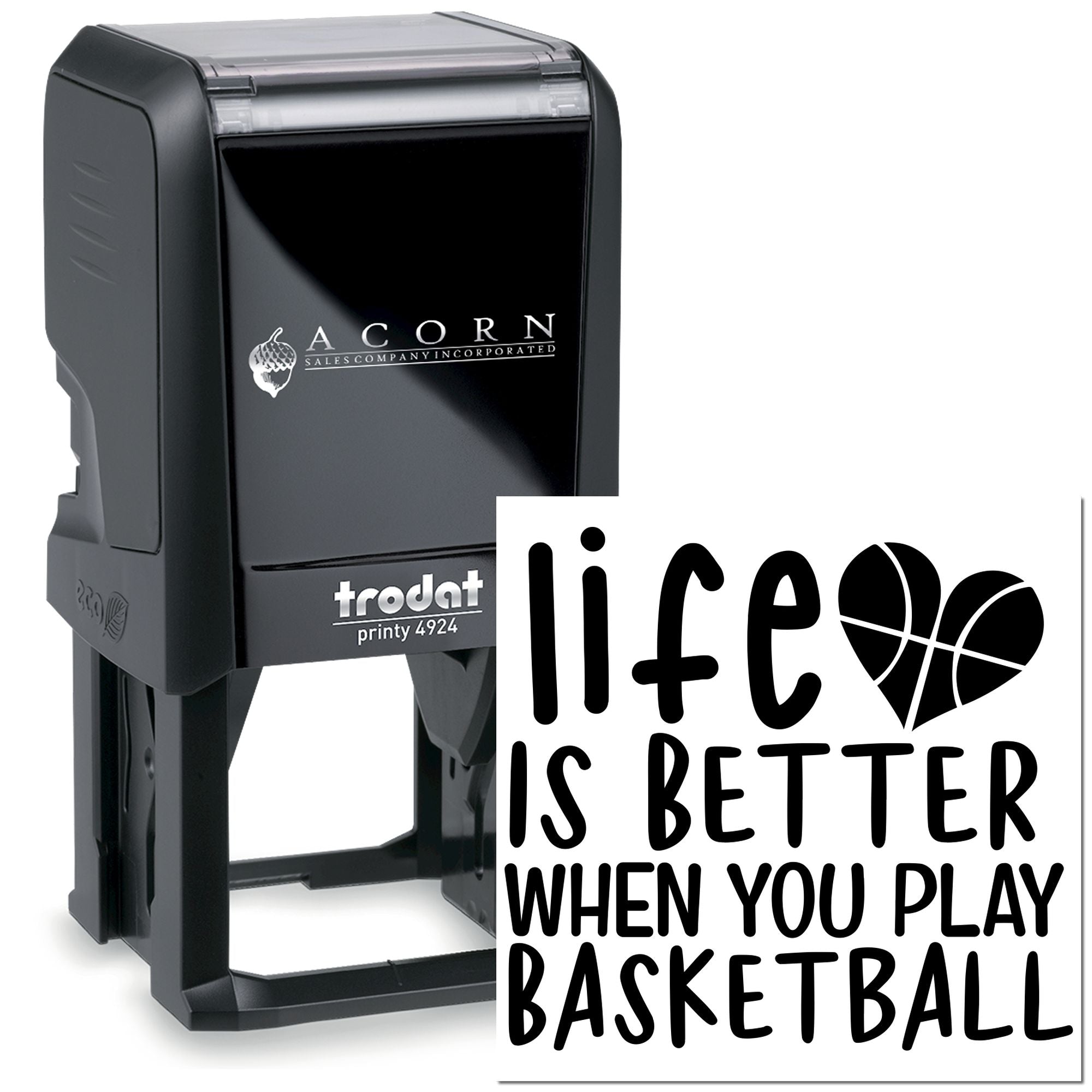 Custom self-inking rubber stamp with Life is better when you play basketball basketball-heart design.