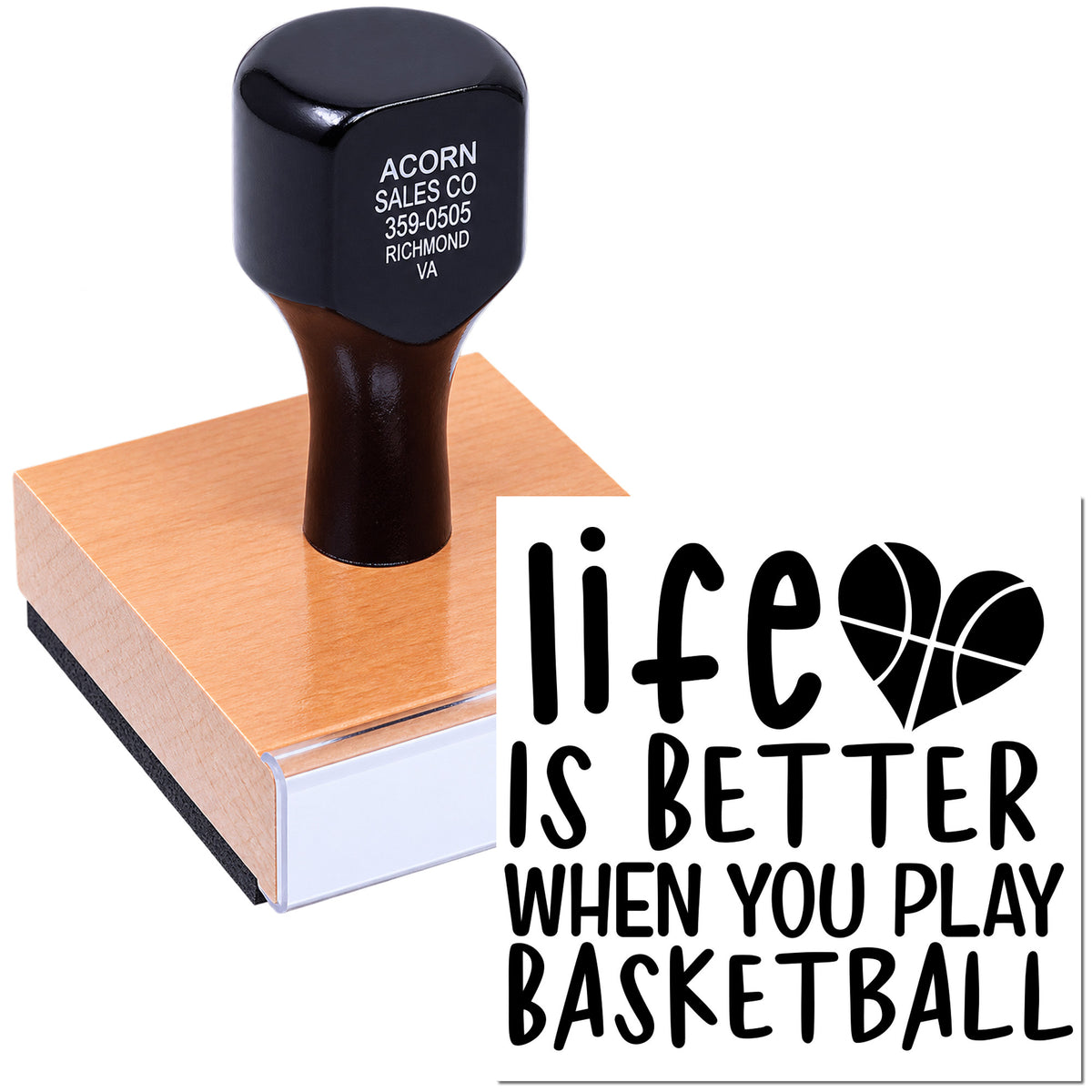 Custom basketball rubber stamp with Life is better when you play basketball design for sports crafts, cards, and scrapbooking.