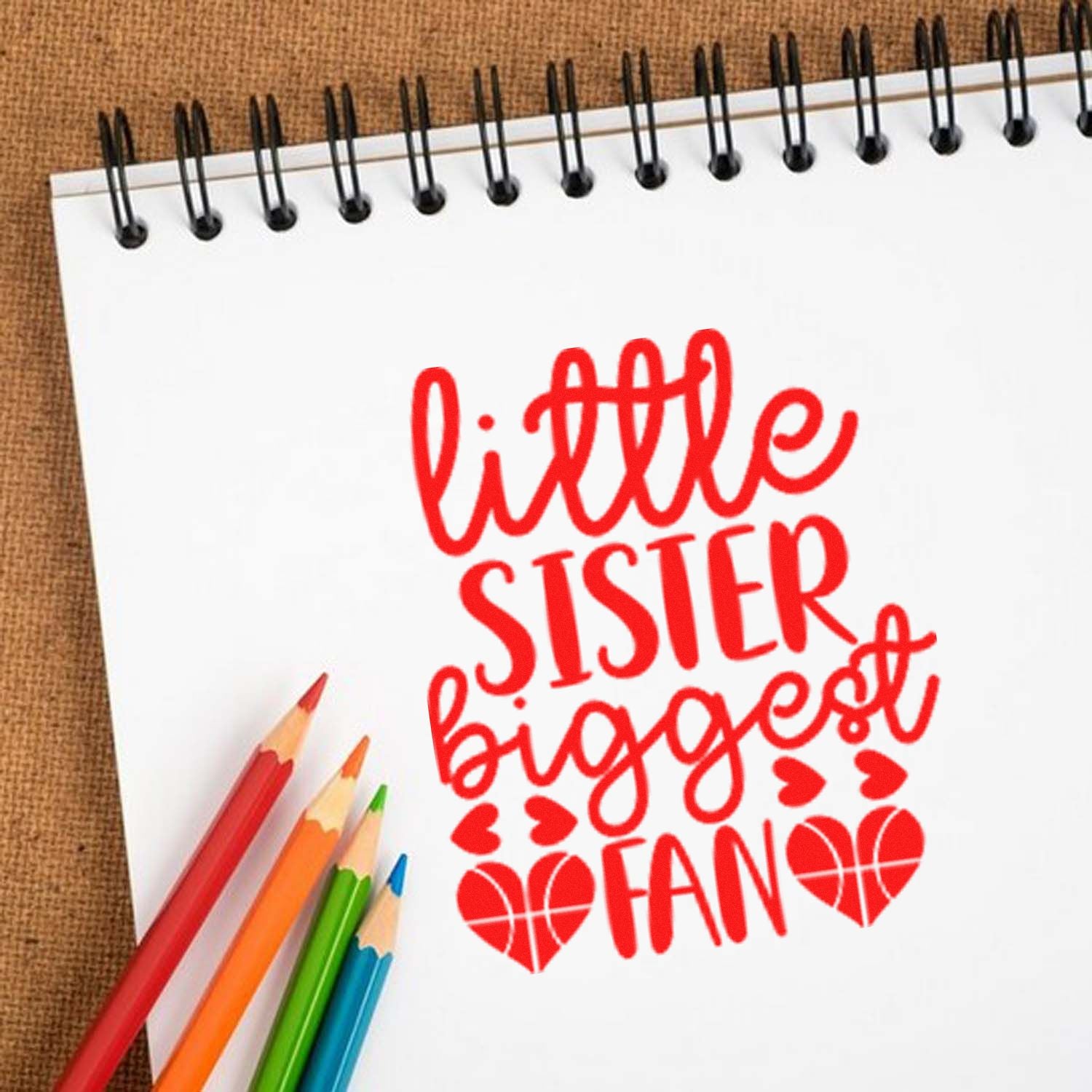 Custom rubber stamp design reading Little Sister Biggest Fan for personalized family gift crafts.