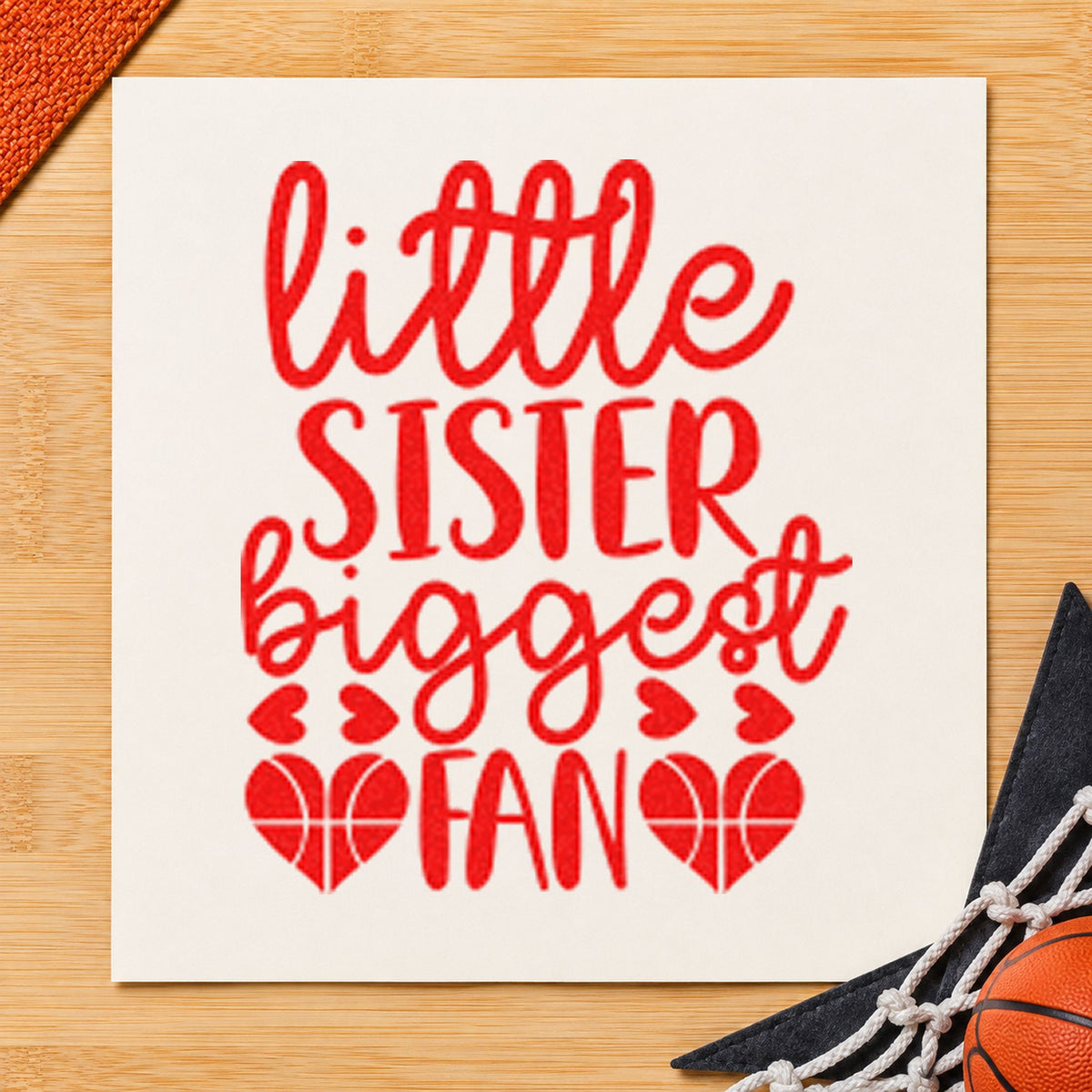 Little Sister Biggest Fan rubber stamp shown in red ink, stamped for projects such as bin party labels.