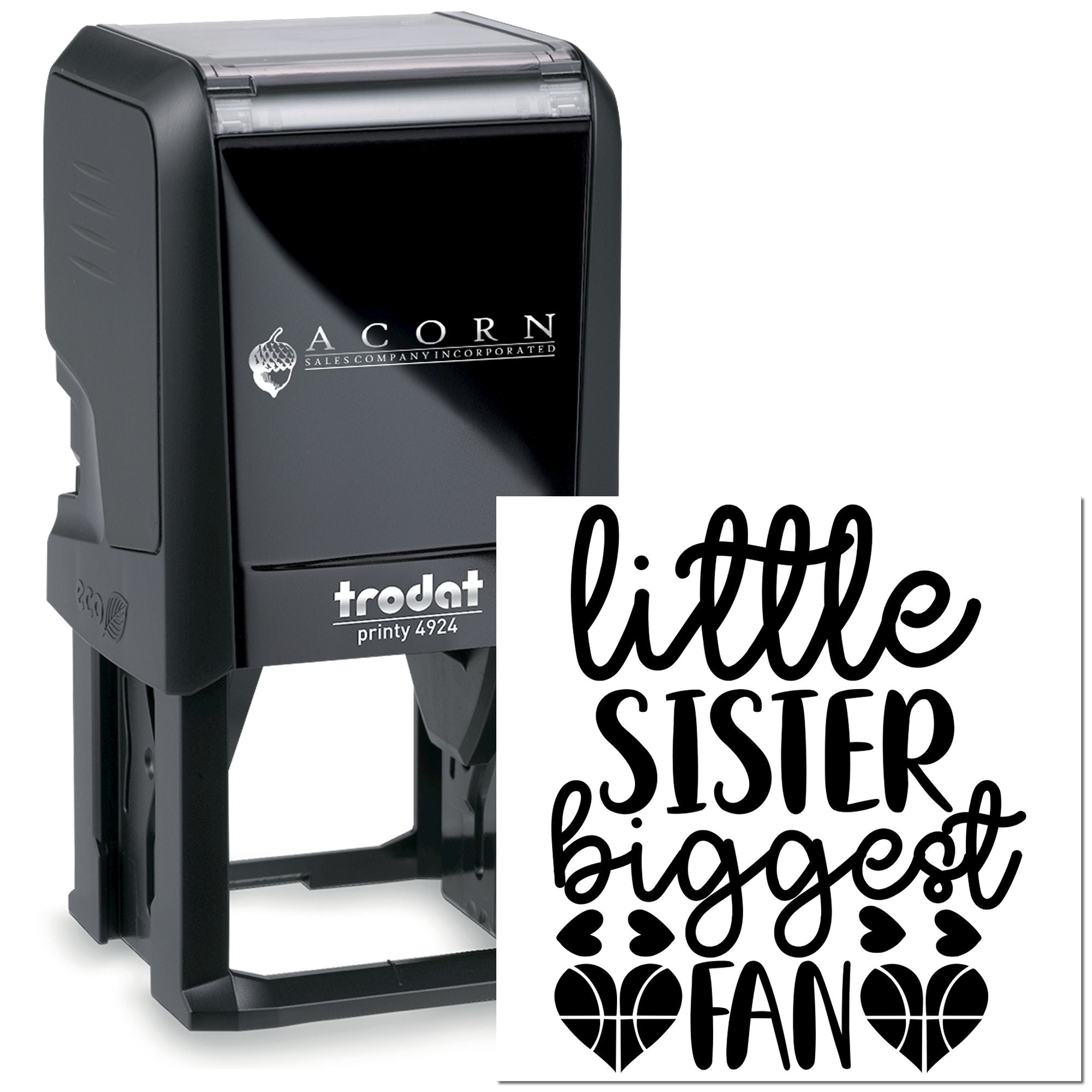 Custom self-inking rubber stamp with little sister biggest fan design, ideal for personalized gifts, crafts, and labels.