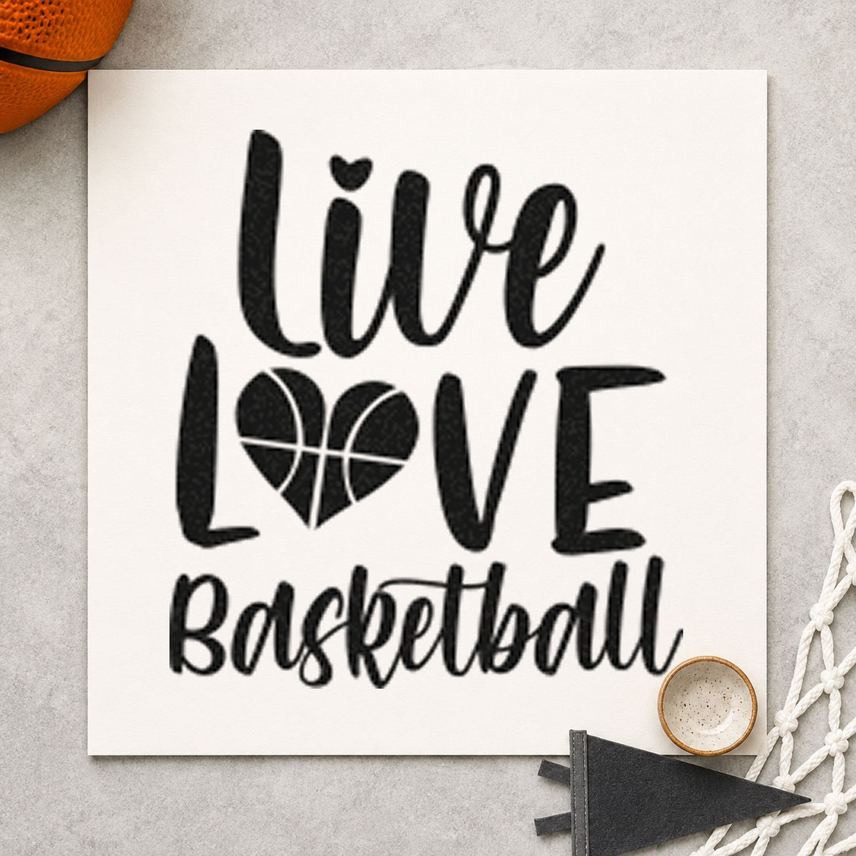 Live Love Basketball Heart craft stamp in black ink on cardstock, an easy option for party album page.