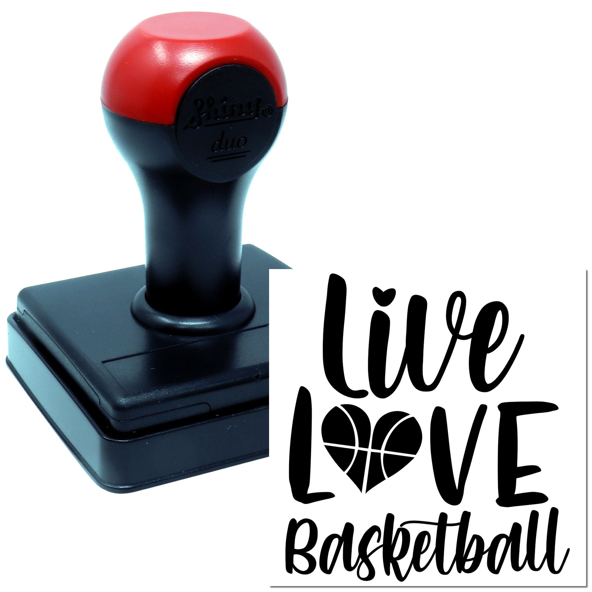 Personalized self-inking rubber stamp with Live Love Basketball design and basketball heart icon