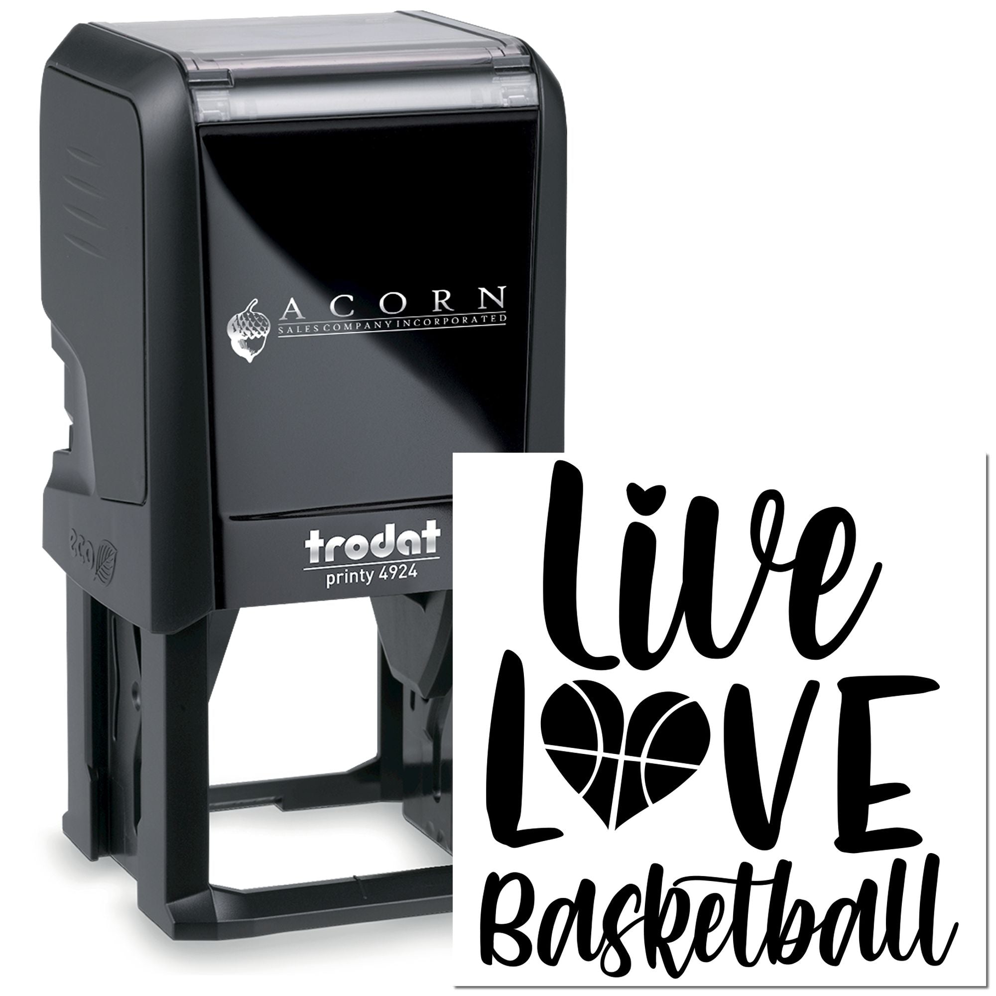 Trodat Printy 4924 custom self-inking rubber stamp with Love Basketball design and basketball heart graphic for personalized sports use.