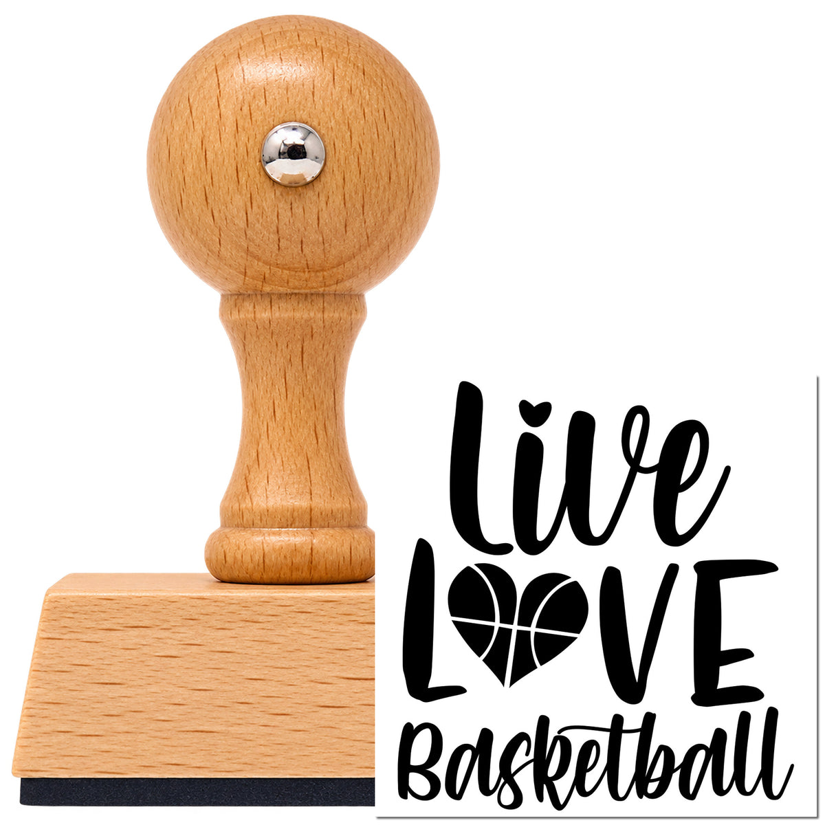 Live Love Basketball Vintage Pro rubber stamp in European beech wood with a round knob handle, shown beside its black imprint.