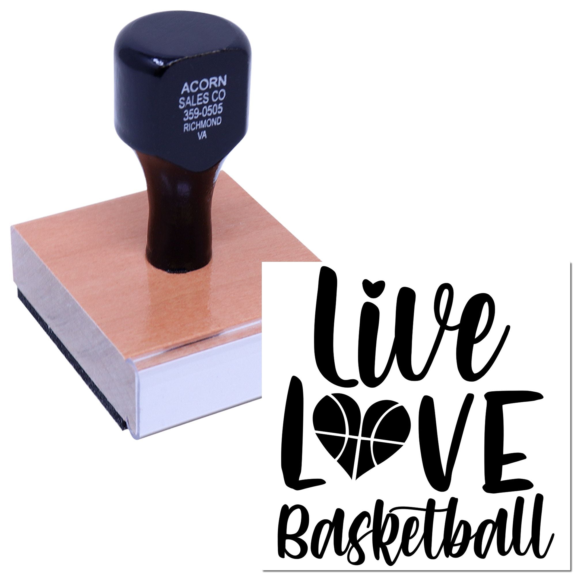 Love Basketball custom rubber stamp on ink pad for sports-themed crafts, gifts, and team branding