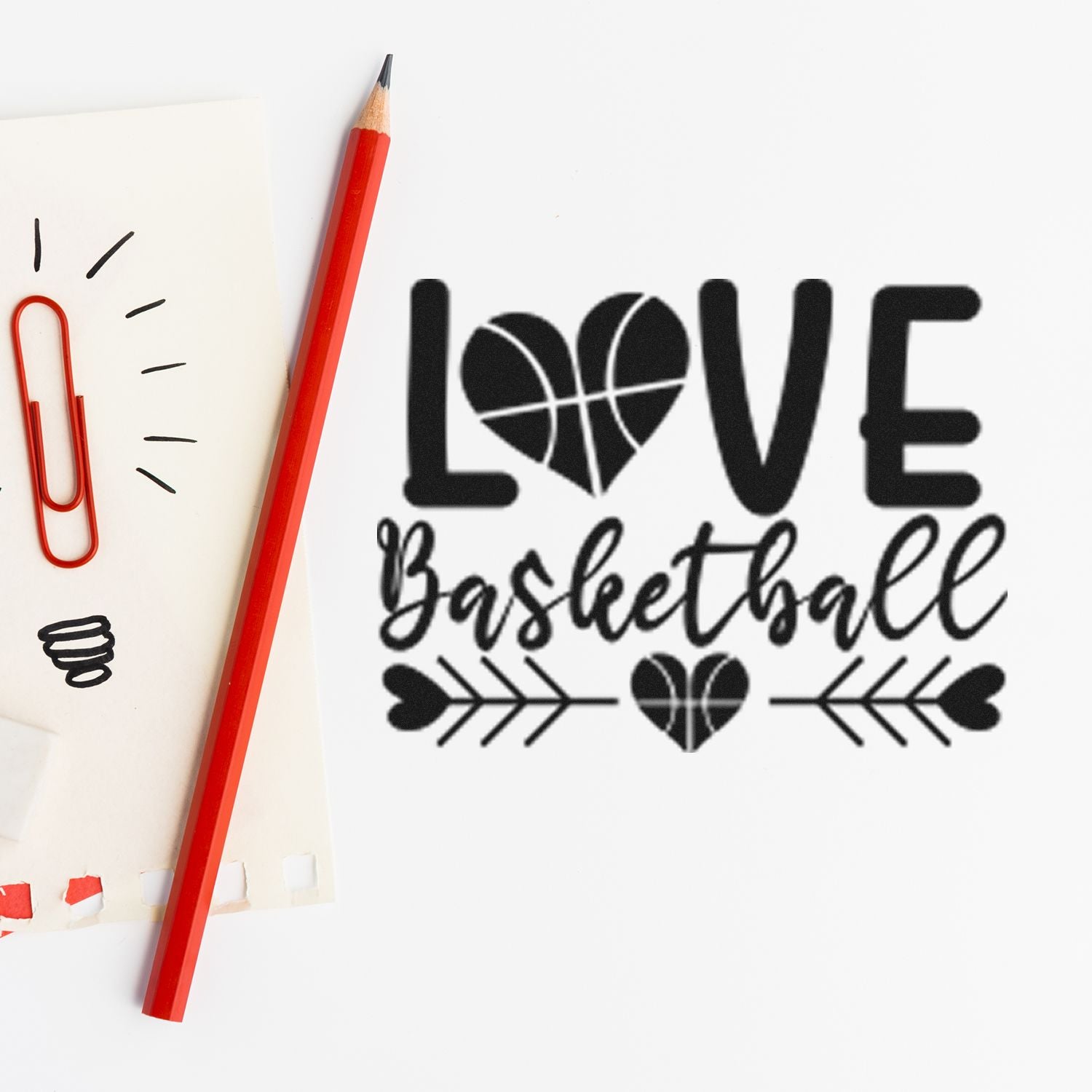 Basketball love rubber stamp with heart and arrows, perfect for sports-themed cards, scrapbooking, and craft projects.