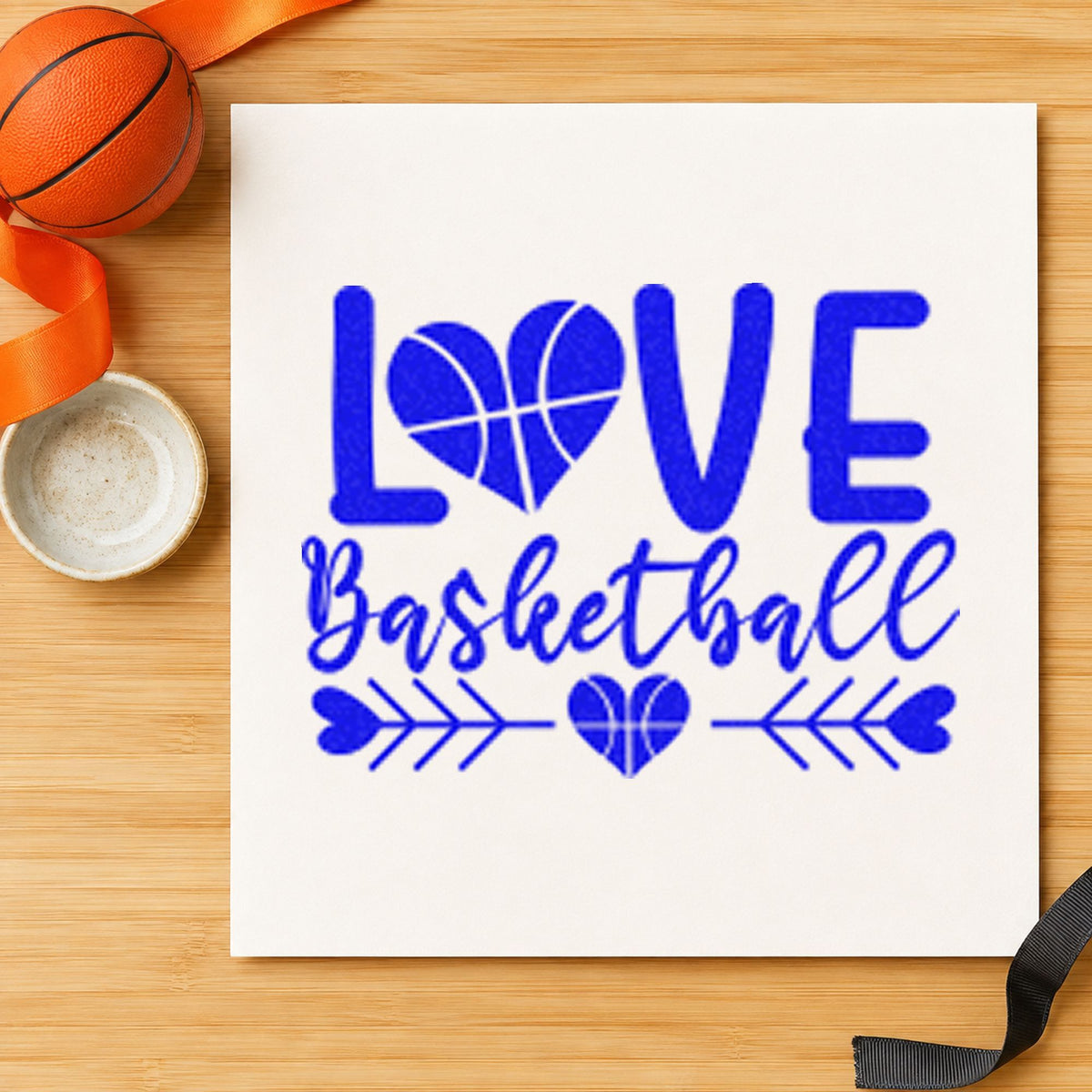 Love Basketball Heart Arrows craft stamp imprinted in blue ink on paper, a design suited to framed team room.