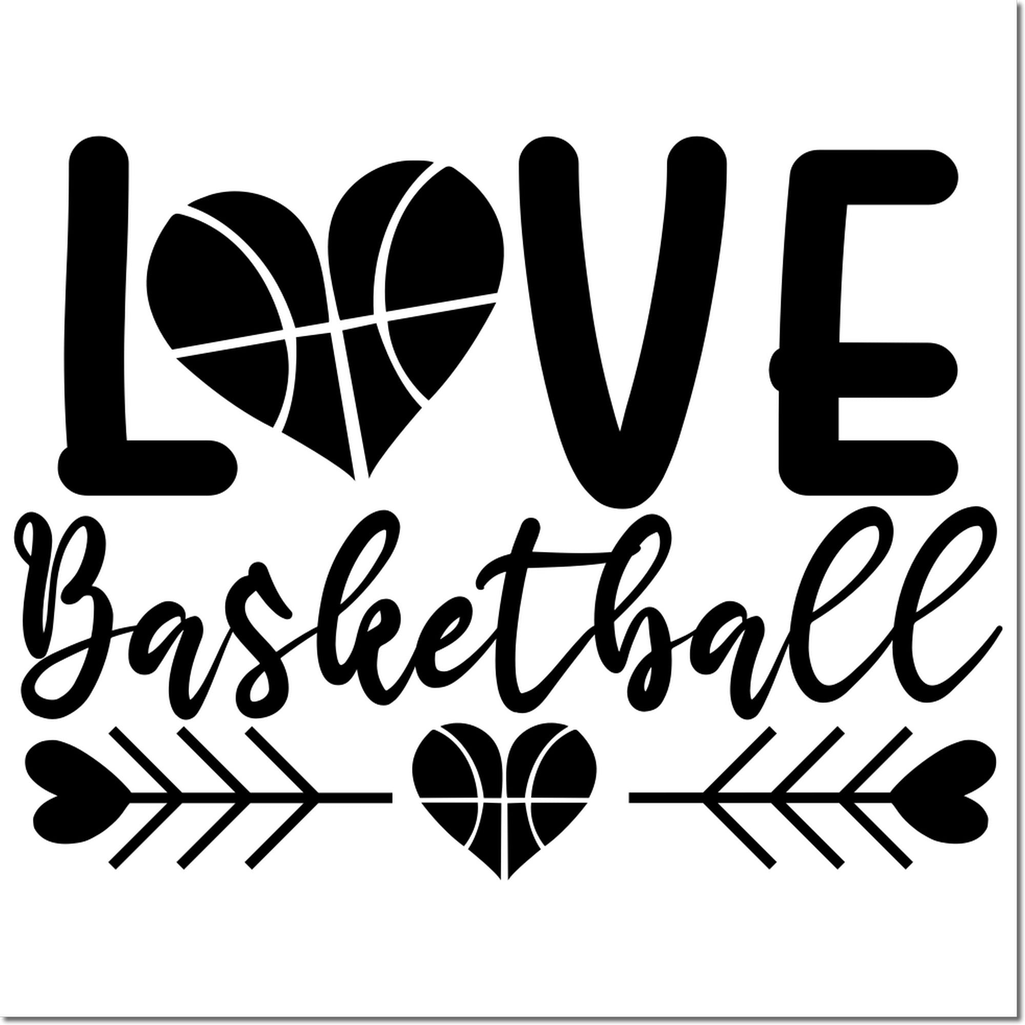 Love Basketball rubber stamp design with heart basketball graphics for sports crafts, team gifts, and fan projects.