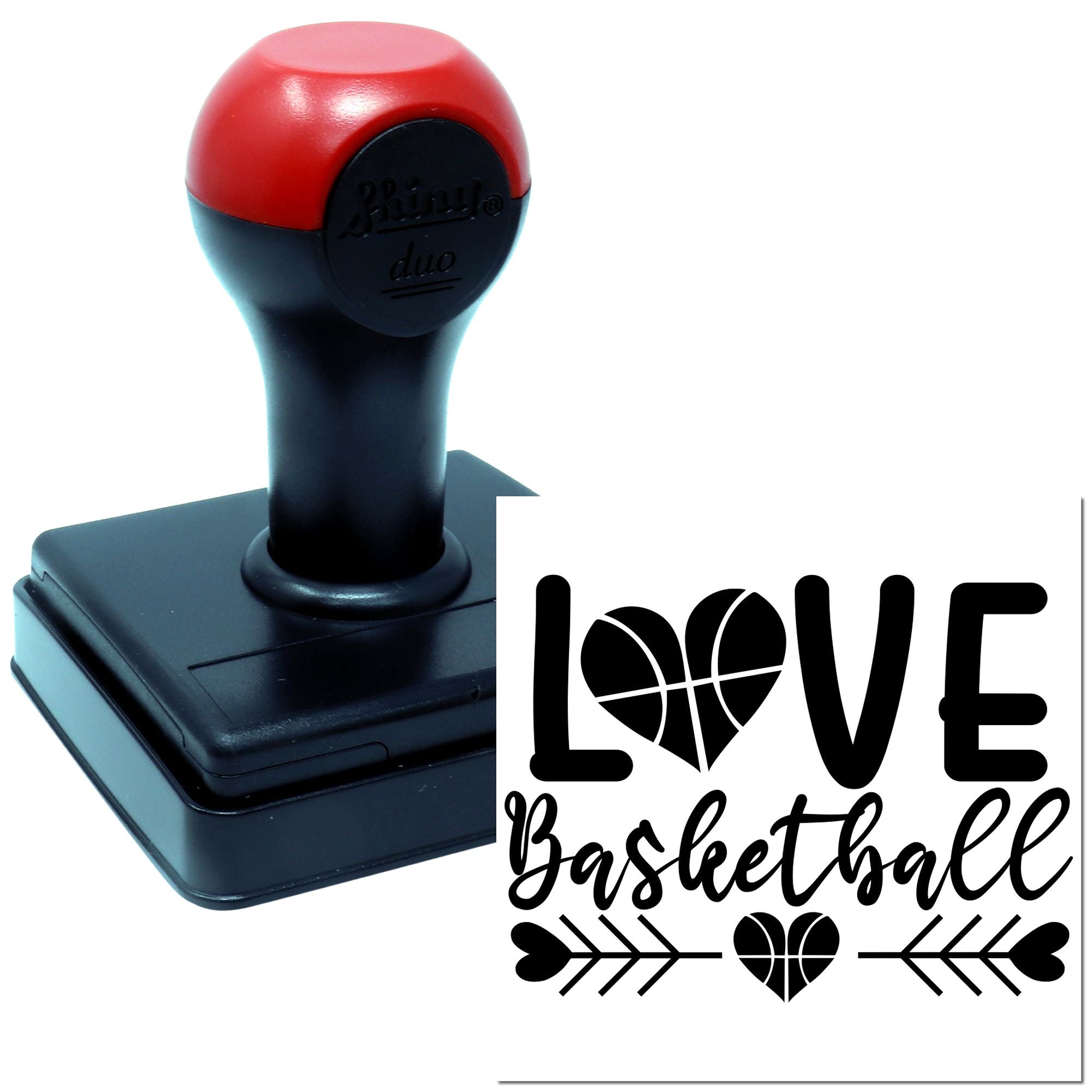 Self-inking basketball love rubber stamp with heart and arrows design for sports-themed crafts, cards, and invitations