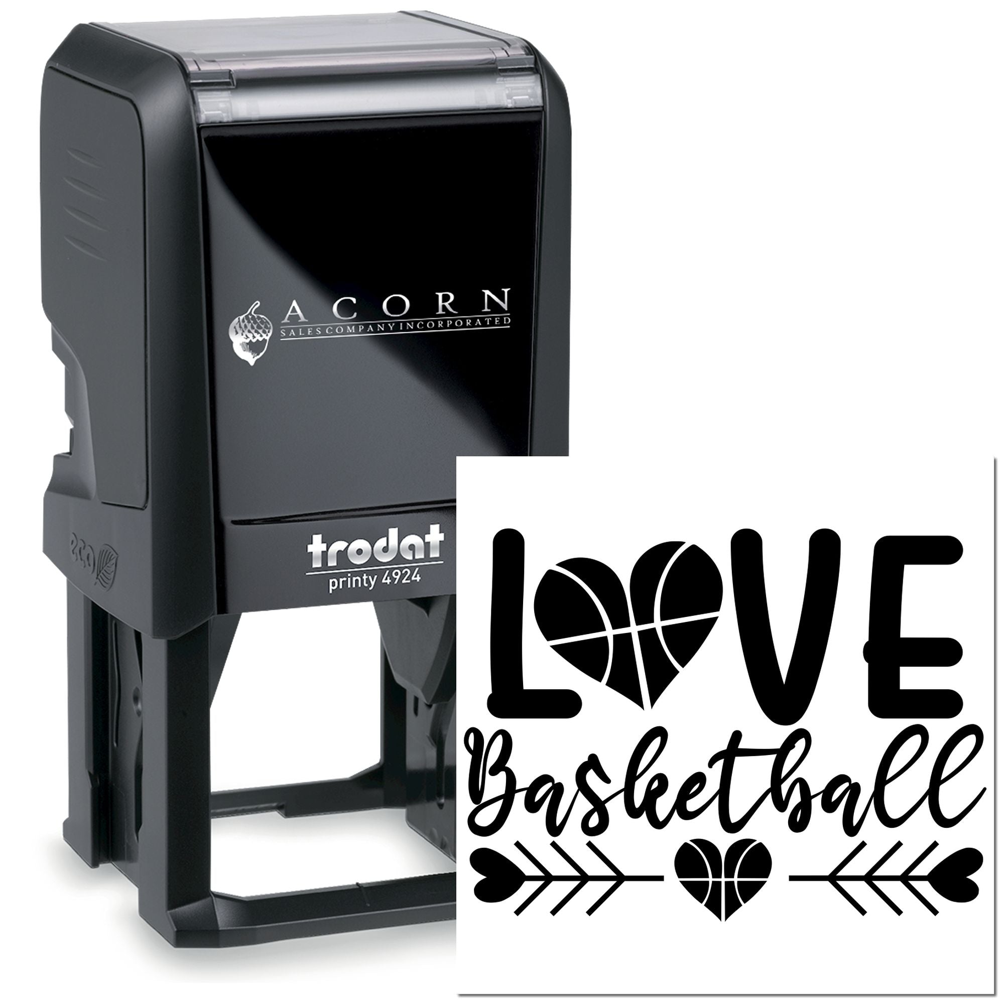 Trodat Printy 4924 custom rubber stamp with Love Basketball design for personalized business branding and craft stamping.