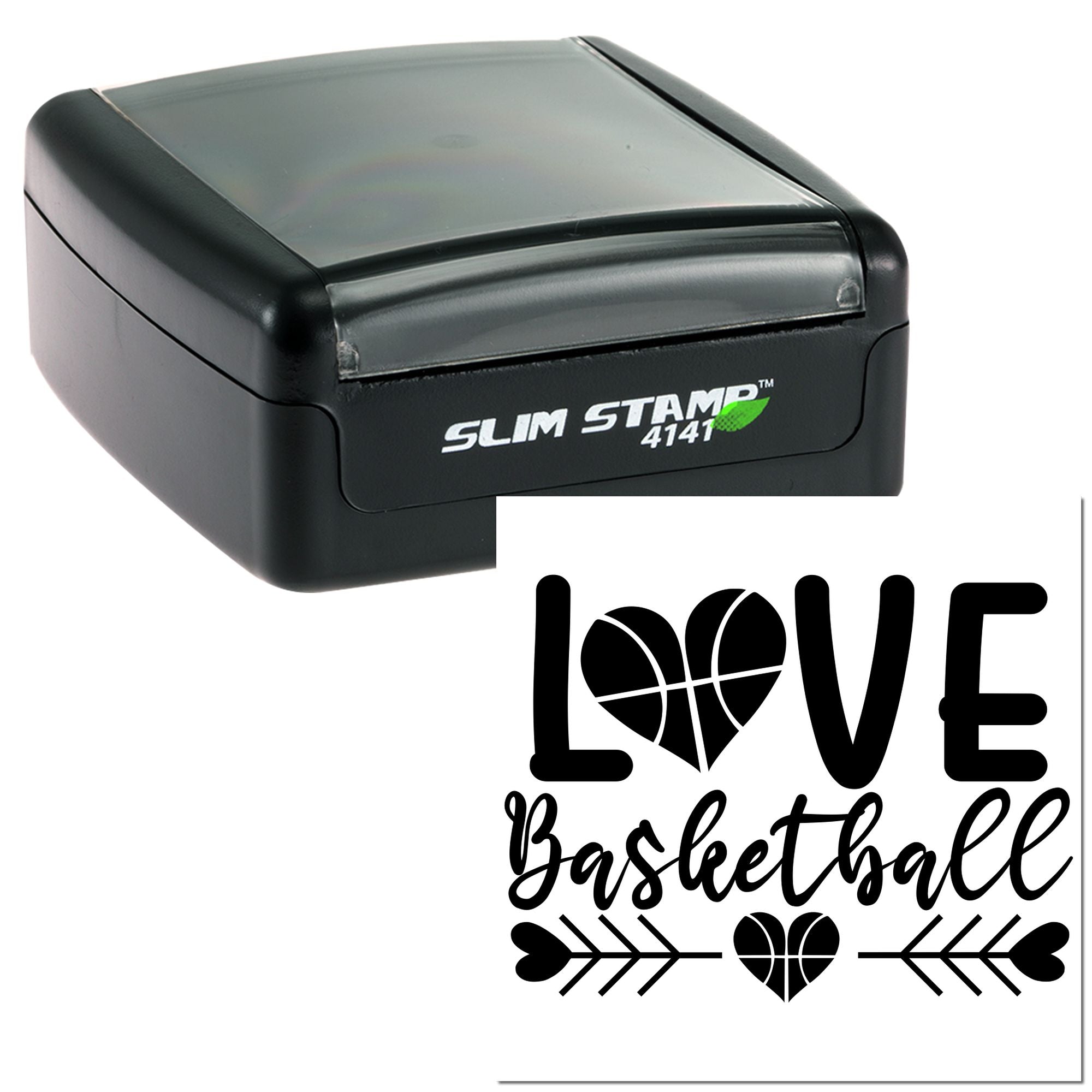 Custom self-inking rubber stamp with Love Basketball design for cards, crafts, and team-themed stationery.