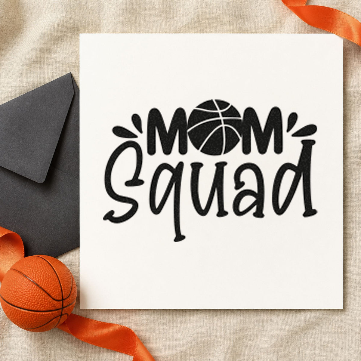 Basketball Mom Squad Lettering craft stamp in black ink on cardstock, an easy option for bake sale album page.