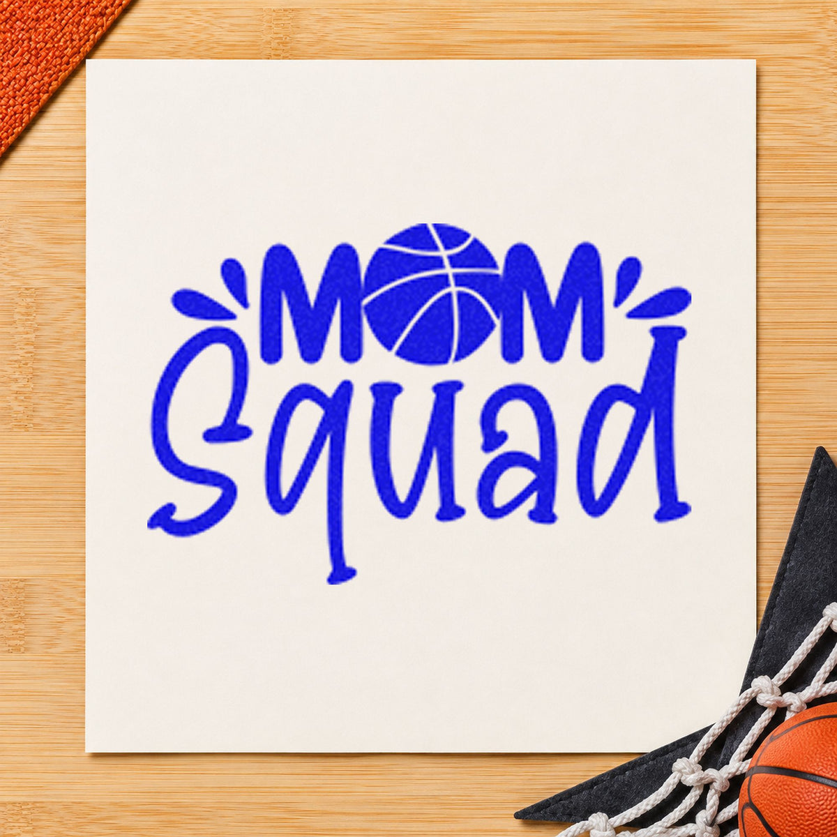 Basketball Mom Squad Lettering craft stamp in blue ink on cardstock, an easy option for sale table printing.