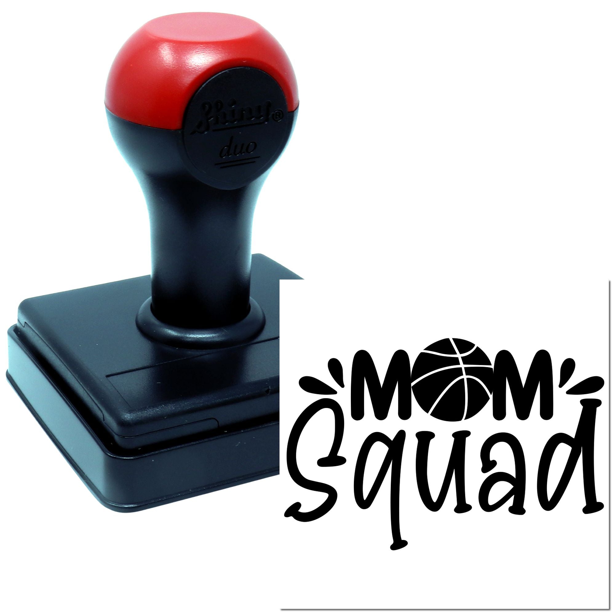 Self-inking rubber stamp for Mom Squad with basketball design, ideal for sports crafts, team gifts and packaging.