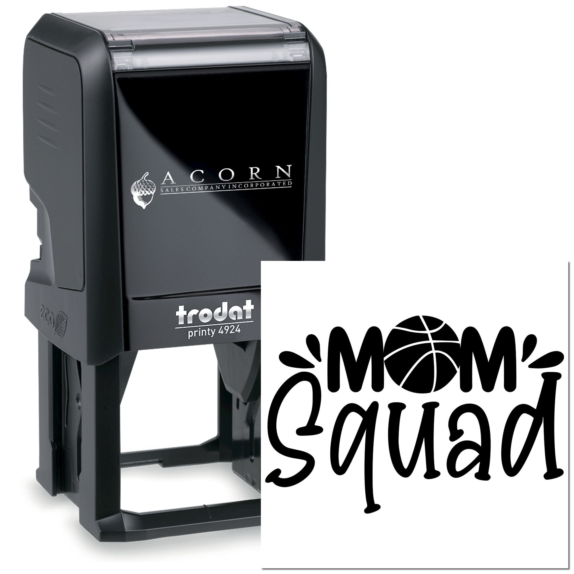 Custom self-inking rubber stamp with Mom Squad basketball design for personalized crafting and stationery.