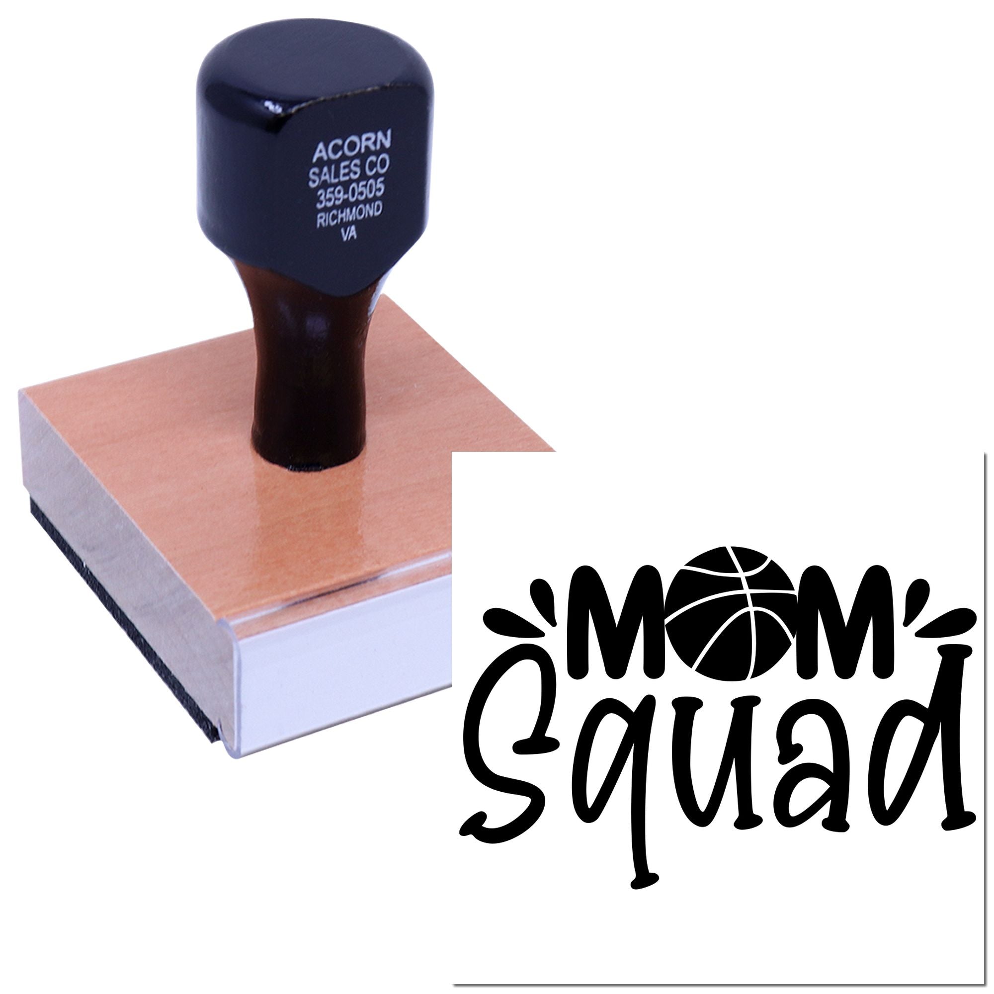 Custom Mom Squad rubber stamp for personalized branding, crafts, and packaging.