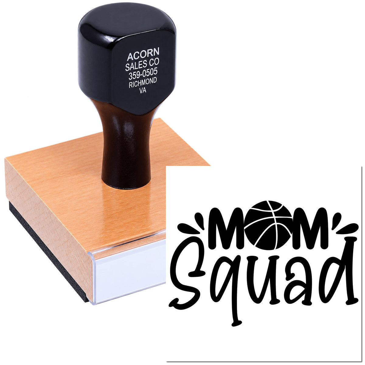 Custom Mom Squad rubber stamp for personalized branding, crafts, and packaging.