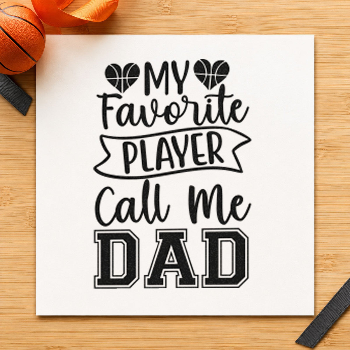 Favorite Player Dad Hearts craft stamp imprint in black ink on a handmade project, one idea being photo frame gift tags.
