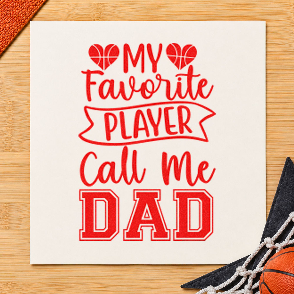 Favorite Player Dad Hearts craft stamp imprint in red ink on a handmade project, one idea being brag note cards.