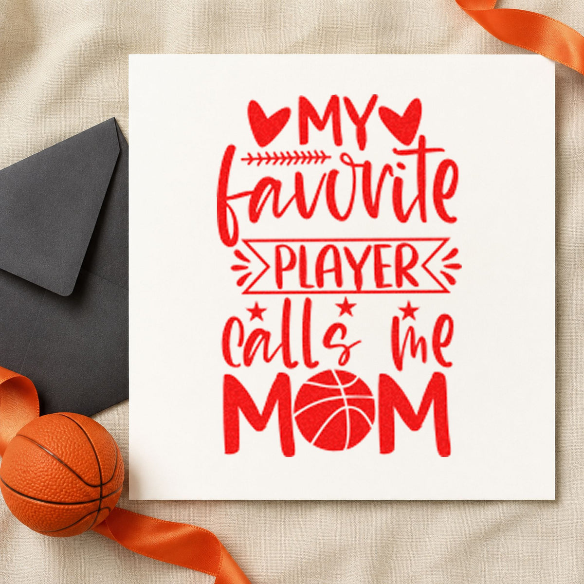 Favorite Player Calls Mom craft stamp imprint in red ink on a handmade project, one idea being season caption cards.
