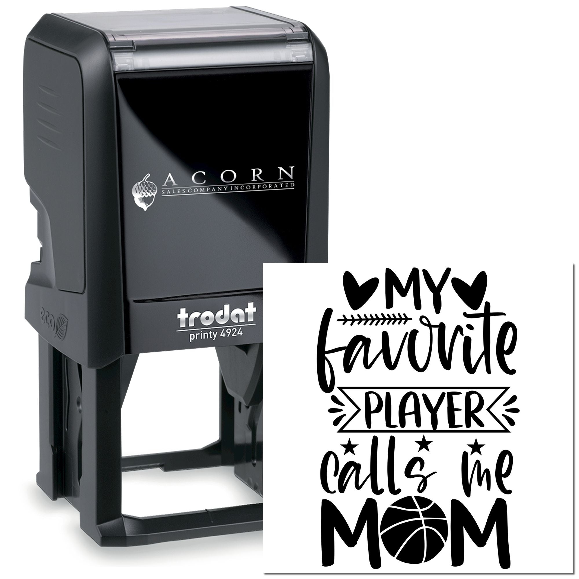 Personalized self-inking rubber stamp with My favorite player calls me Mom basketball design for sports moms.
