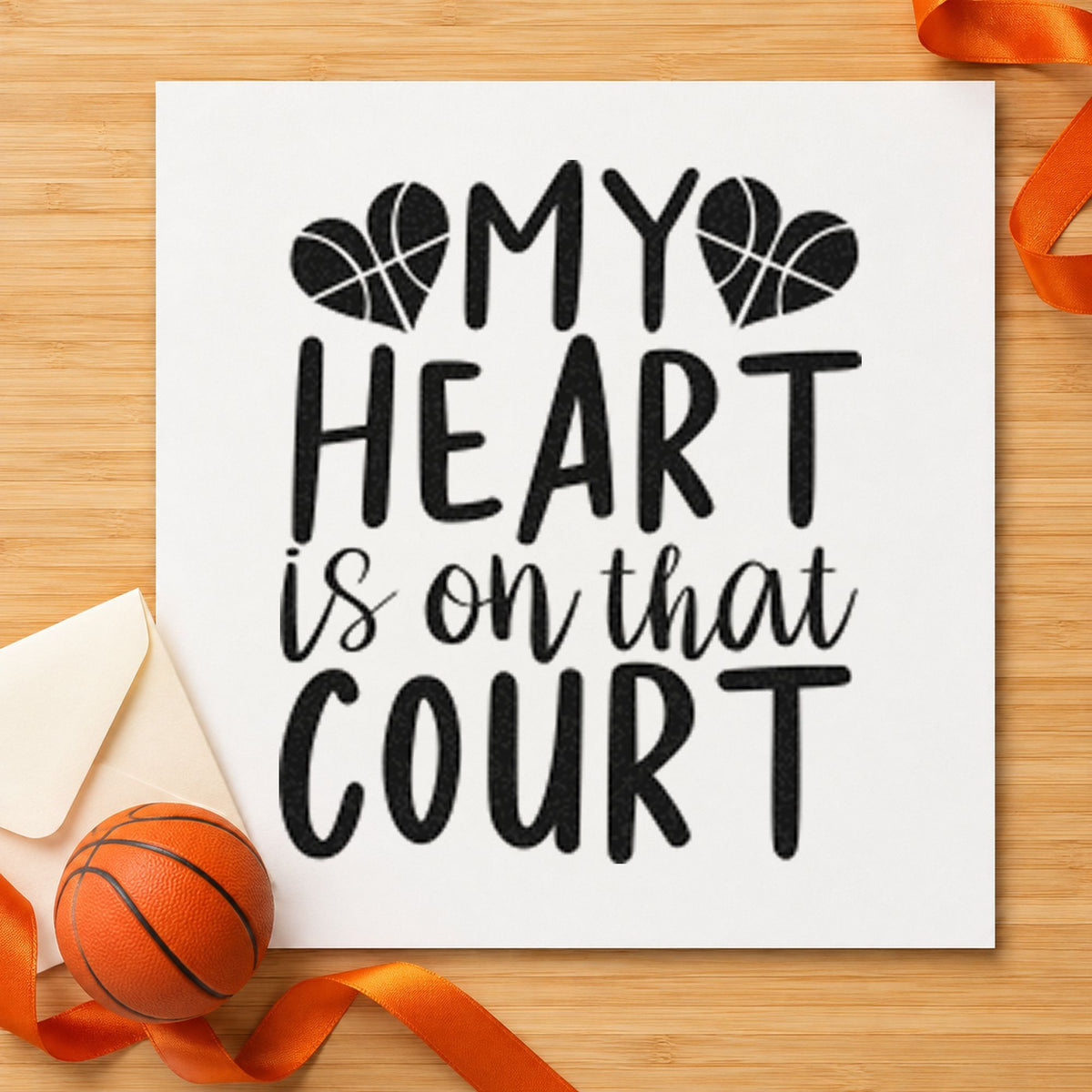 Heart On That Court rubber stamp printed in black ink, ready for two heart cards and similar paper crafts.