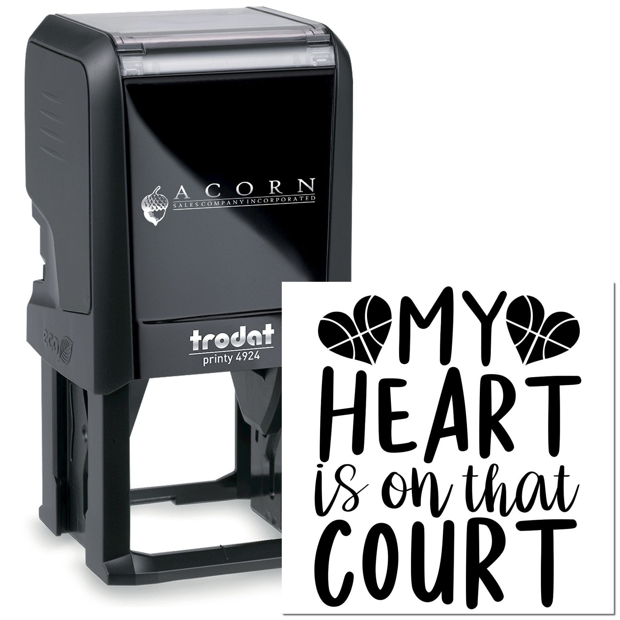 Trodat Printy 4924 self-inking custom rubber stamp with My Heart is on That Court basketball design.