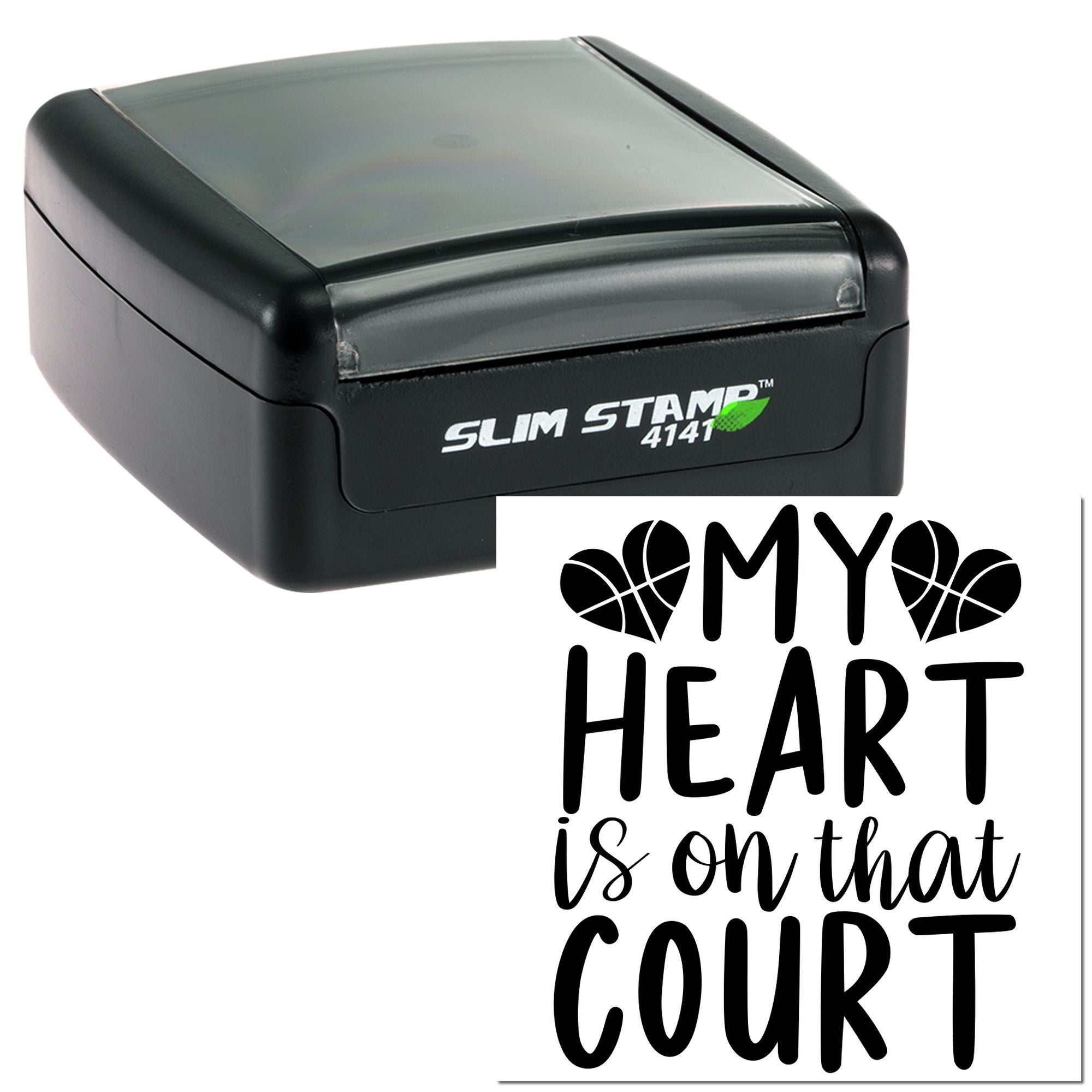 Custom self-inking rubber stamp with basketball heart design and My Heart Is on That Court message