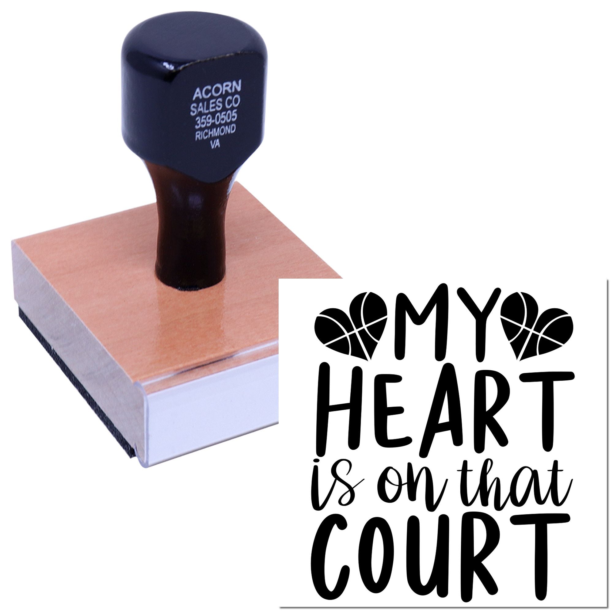 Custom rubber stamp featuring My Heart Is on That Court basketball design on wooden base for sports crafts and cards.