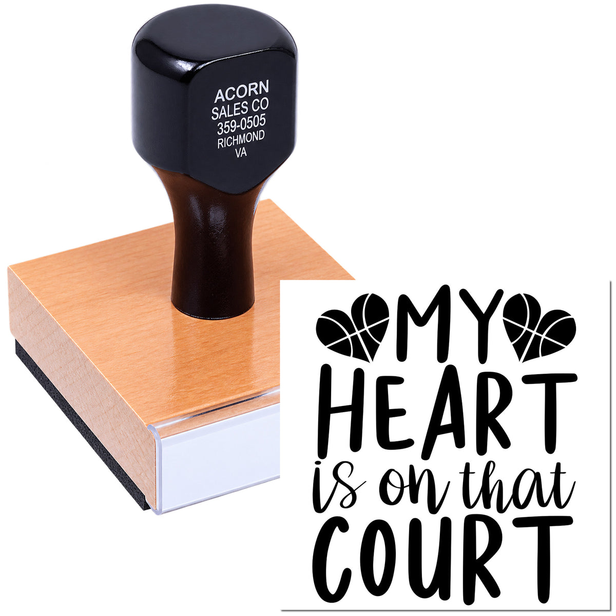 Custom rubber stamp featuring My Heart Is on That Court basketball design on wooden base for sports crafts and cards.